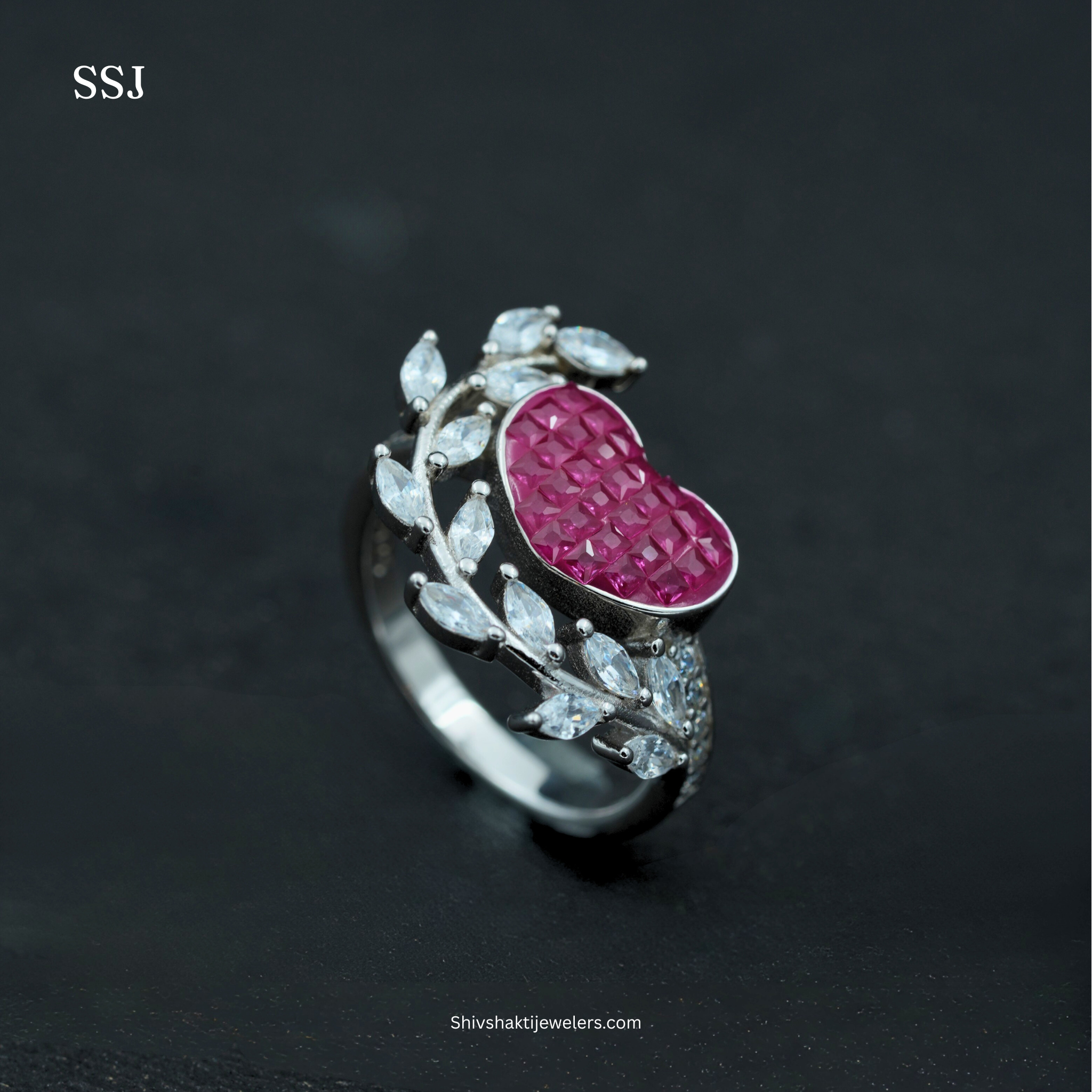 Heart-Shaped Ruby Red & Marquise Stone Silver Ring