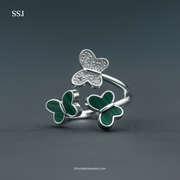 Elegant Triple Butterfly Malachite & CZ Silver Ring