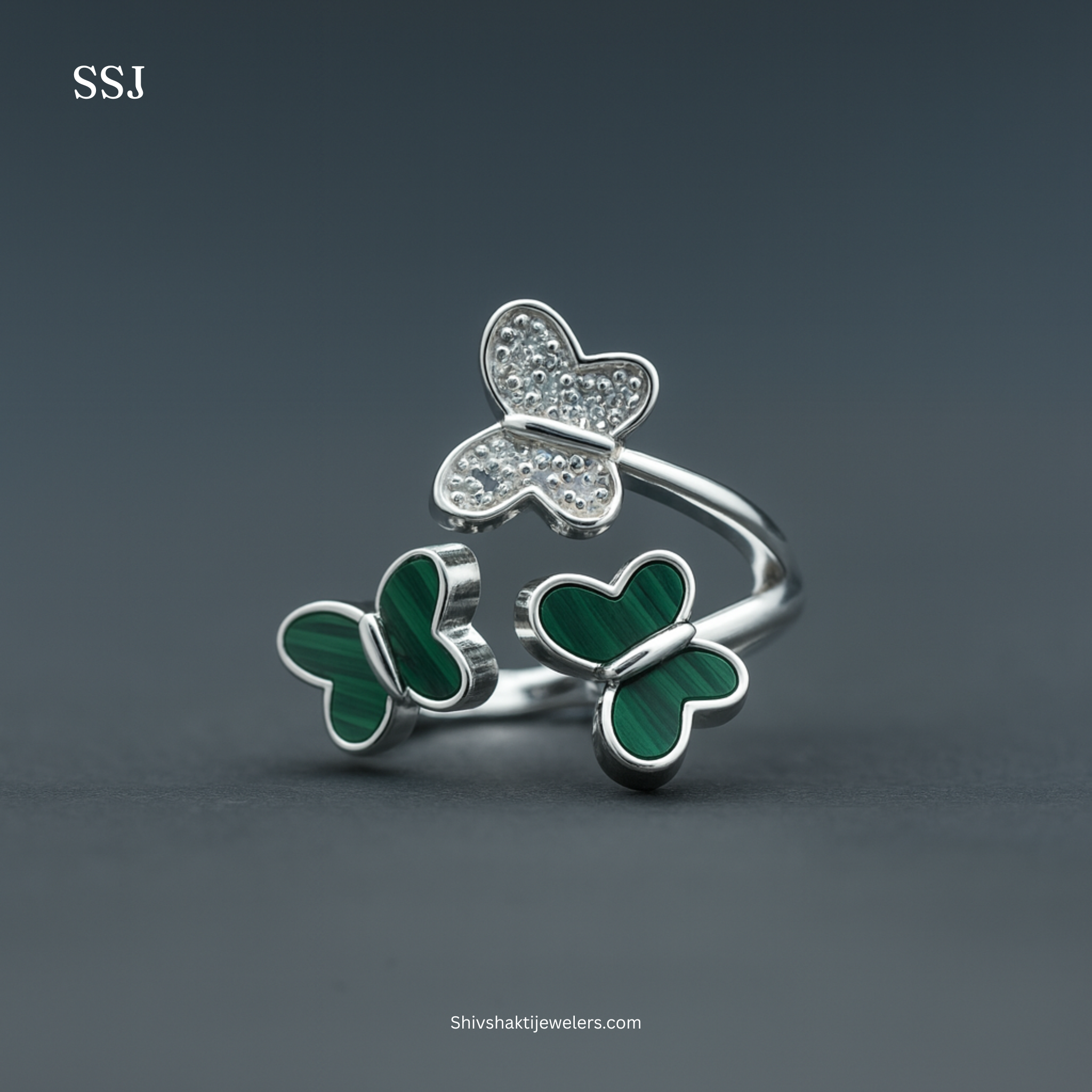 Elegant Triple Butterfly Malachite & CZ Silver Ring