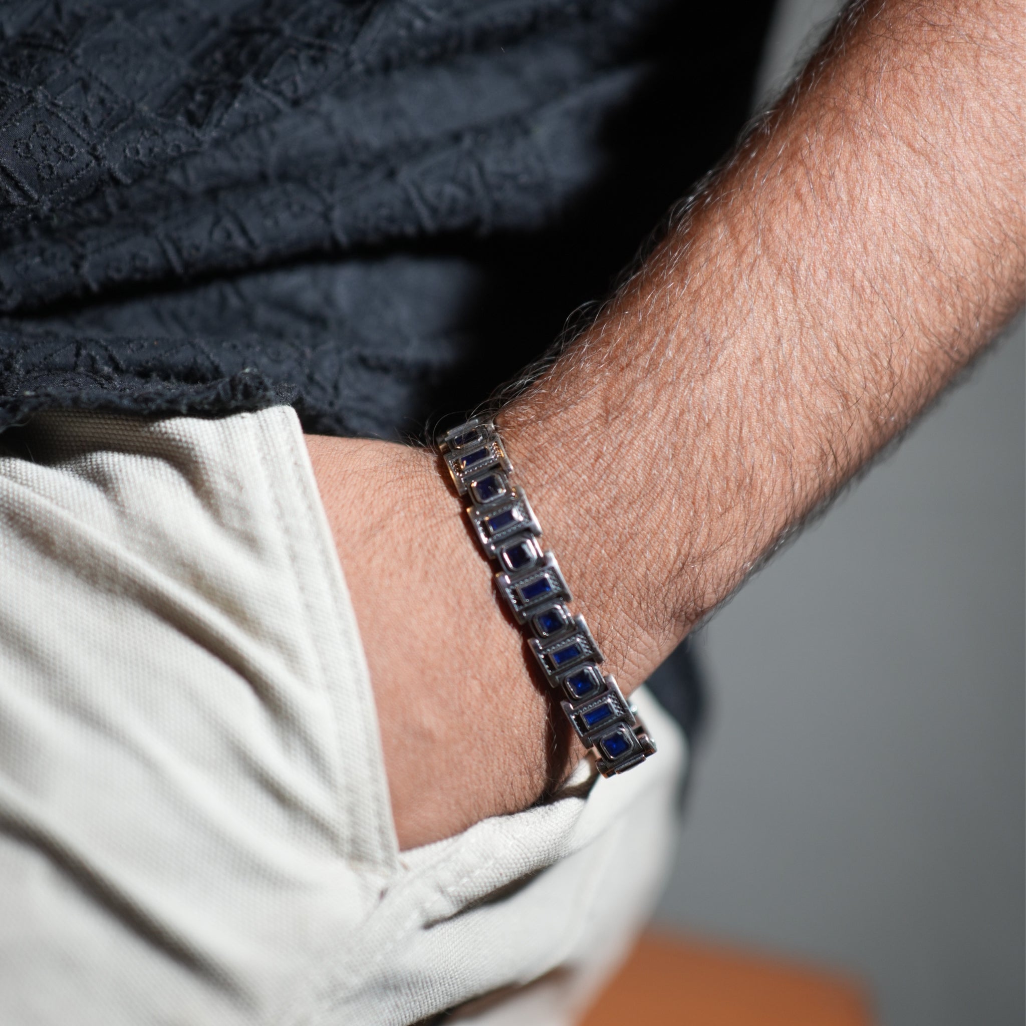 Men’s Classic Silver Bracelet with Blue Sapphire Accents