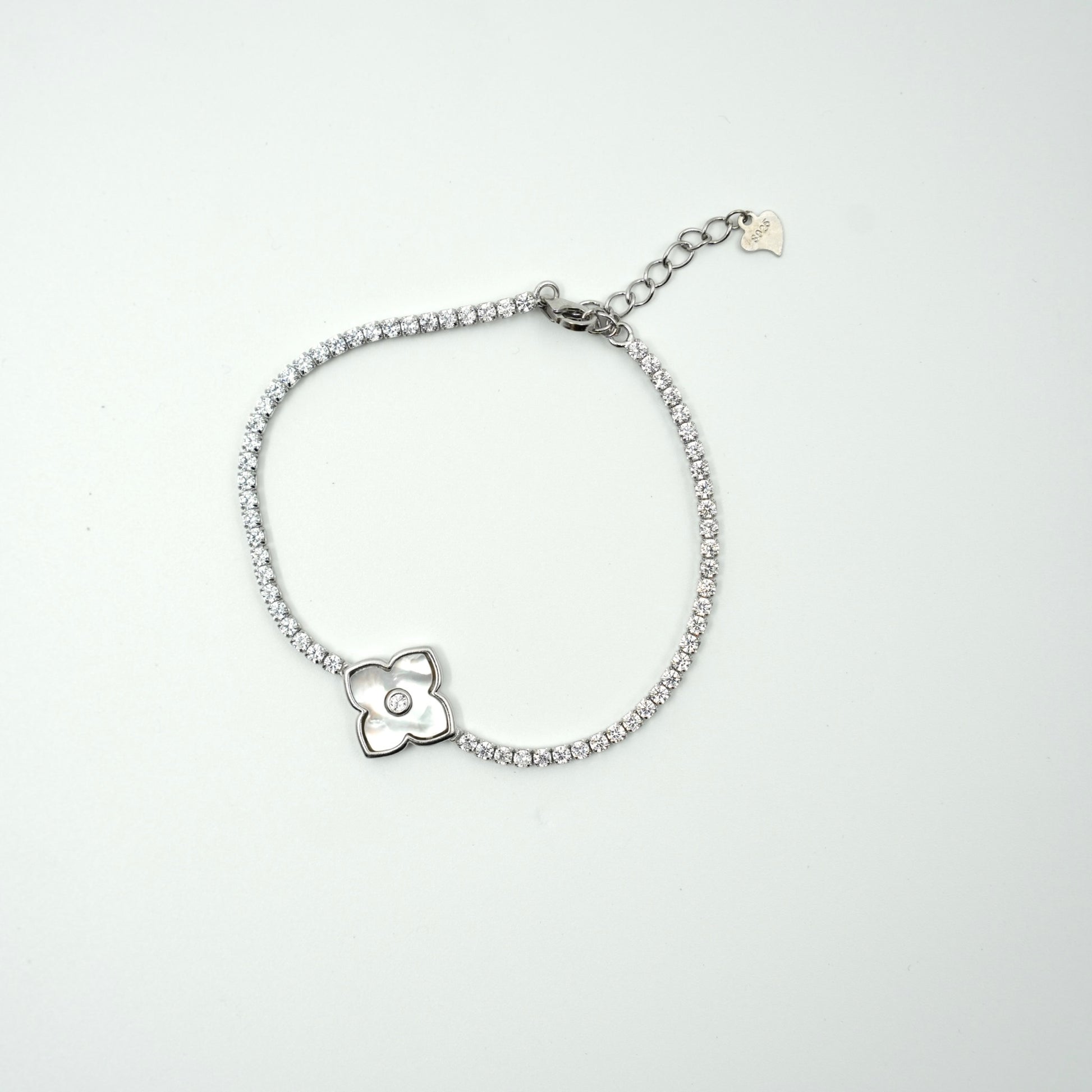 925 silver floral CZ bracelet with sparkling chain and flower charm
