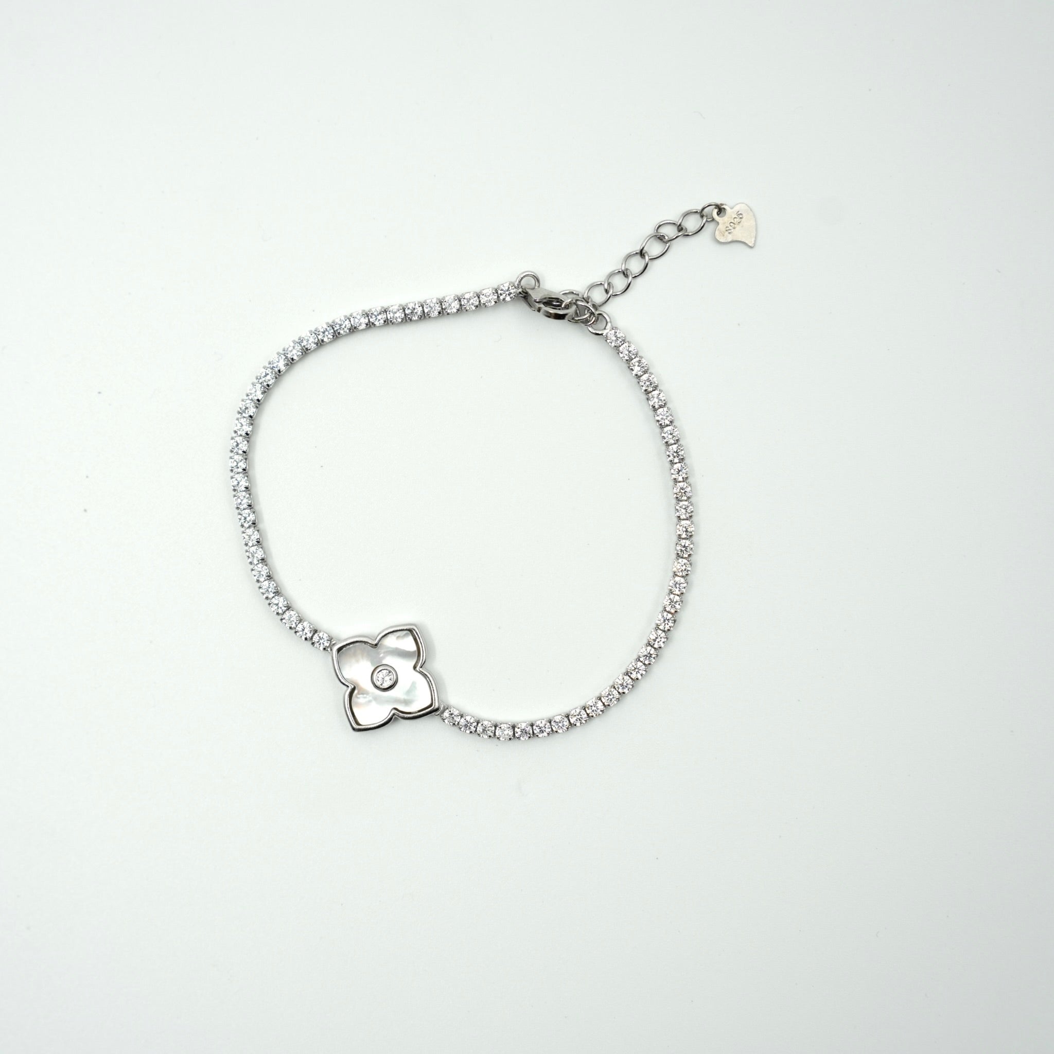 925 silver floral CZ bracelet with sparkling chain and flower charm
