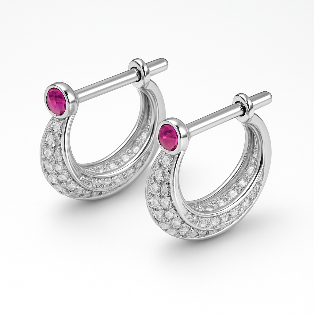 Silver Diamond-Cut Hoop Earrings with Stone Studs For Him