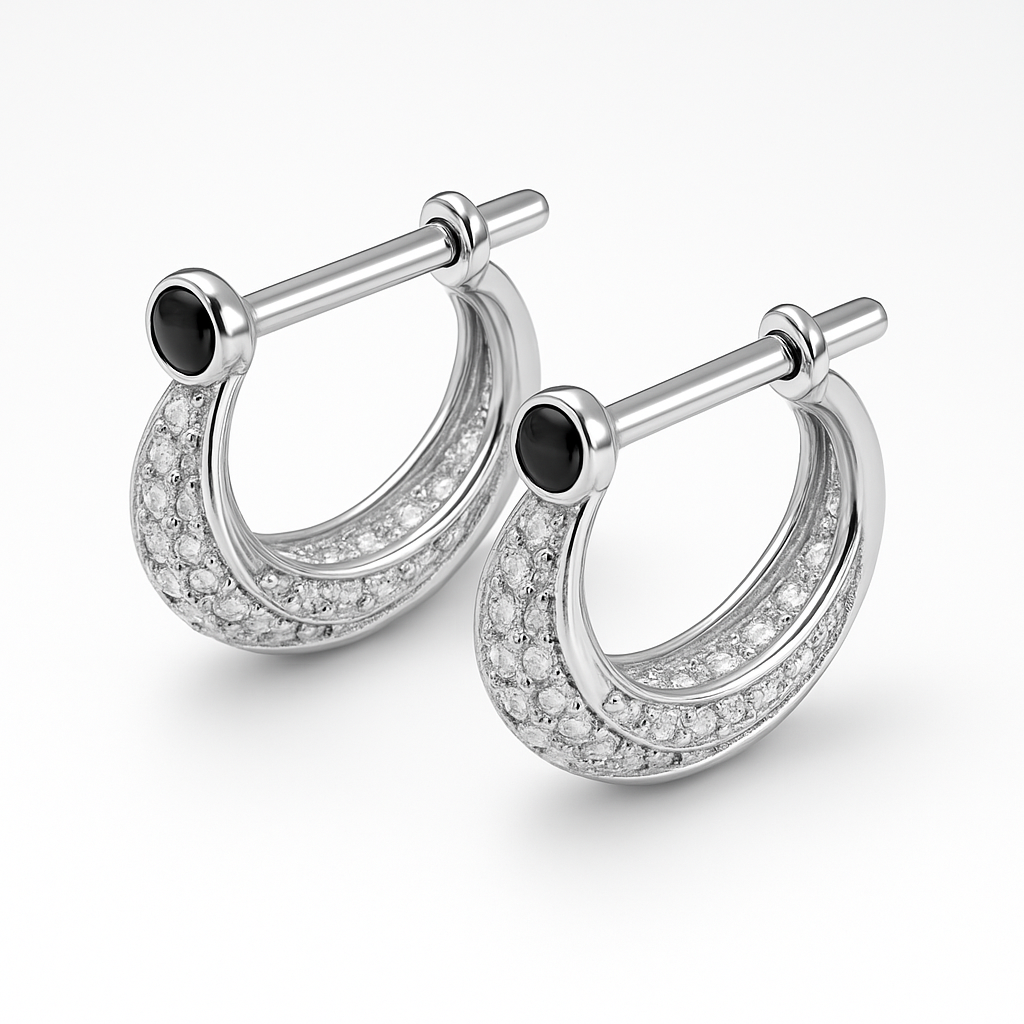 Silver Diamond-Cut Hoop Earrings with Stone Studs For Him