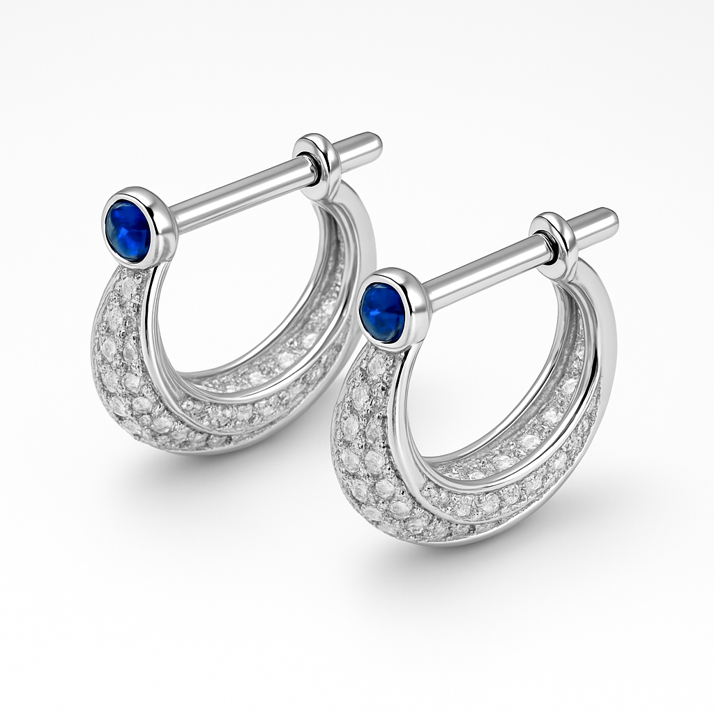 Silver Diamond-Cut Hoop Earrings with Stone Studs For Him