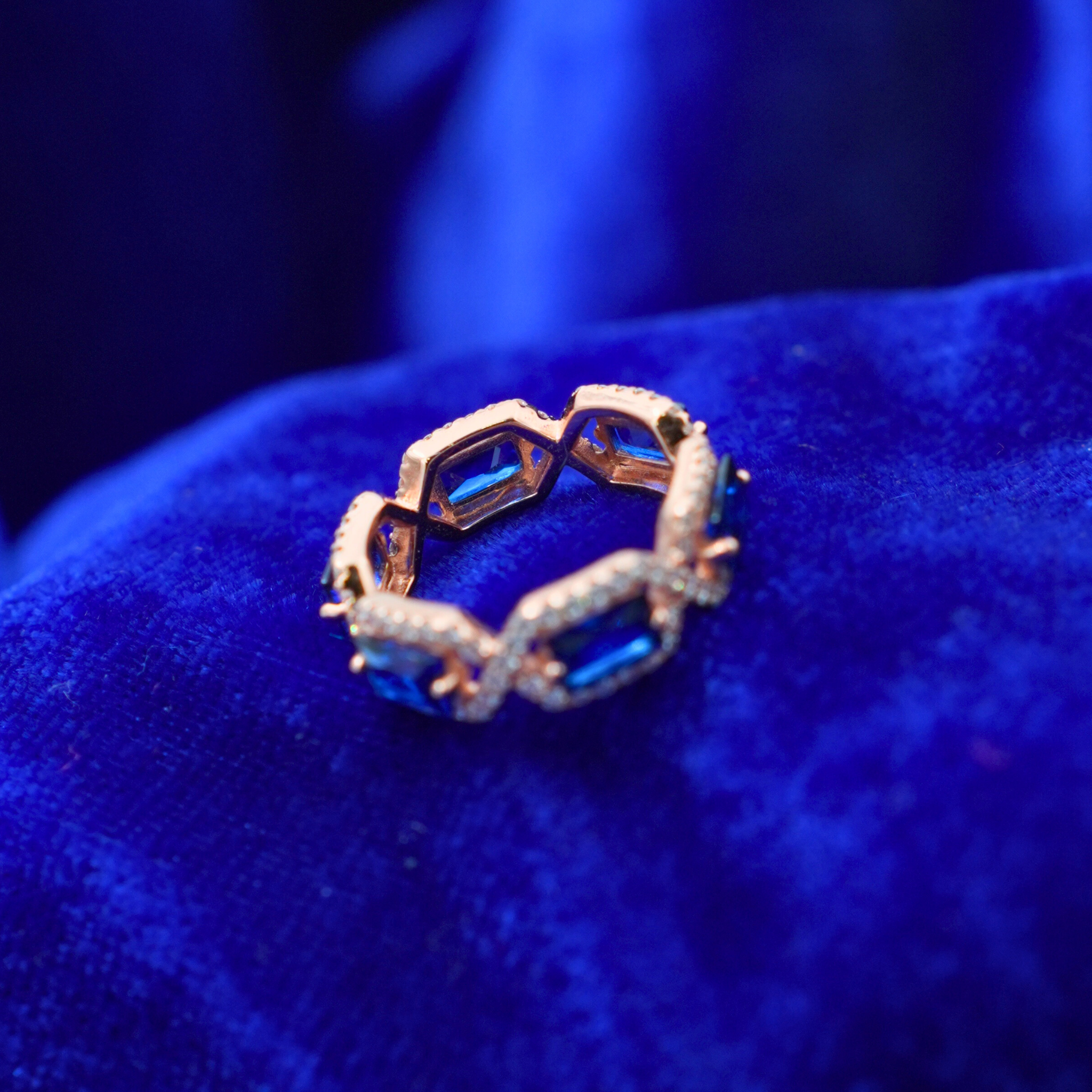 Rose Gold Plated Blue Stone Eternity Ring | Elegant Cocktail Style for Women