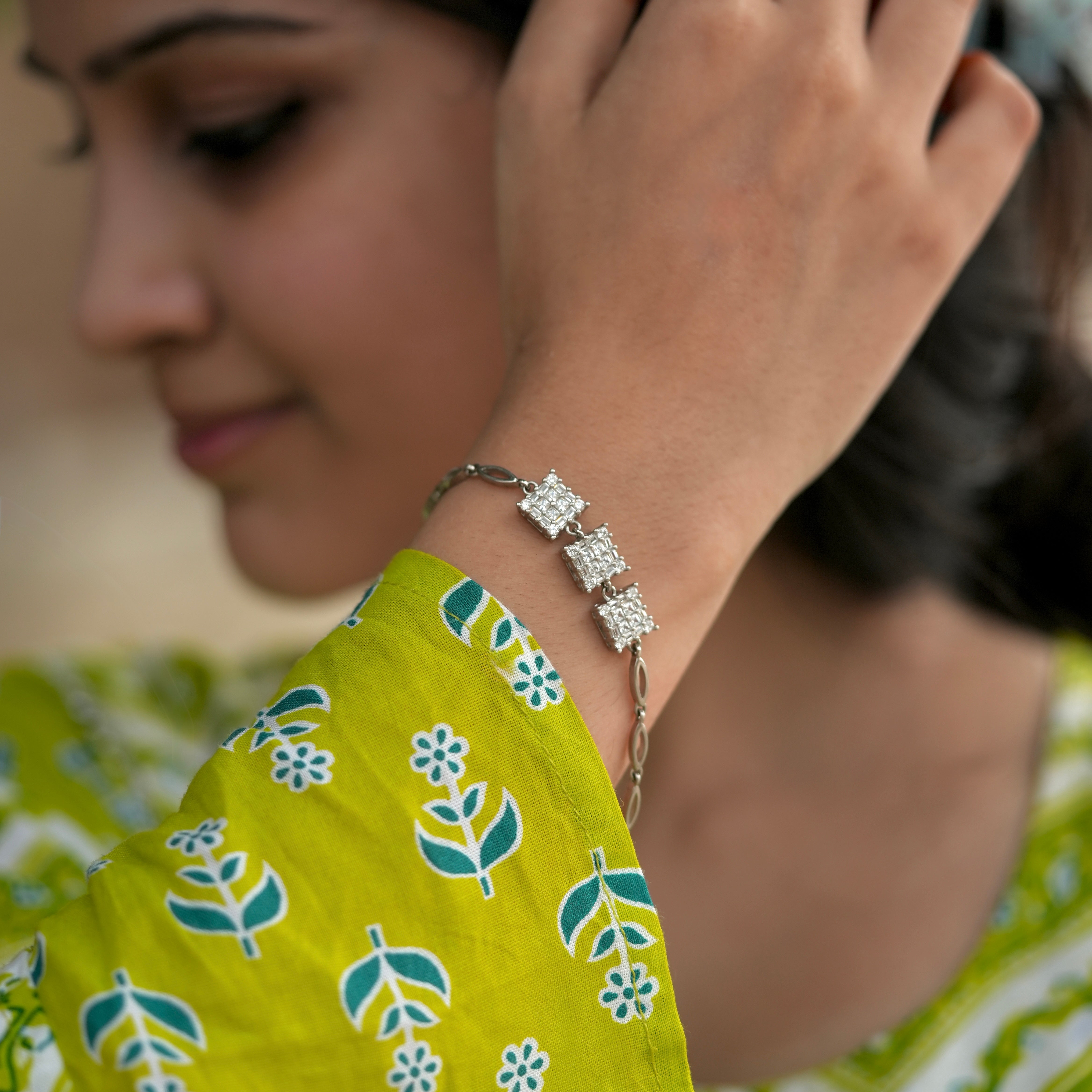 925 Silver Triple Square Diamond-Cut Bracelet for Women