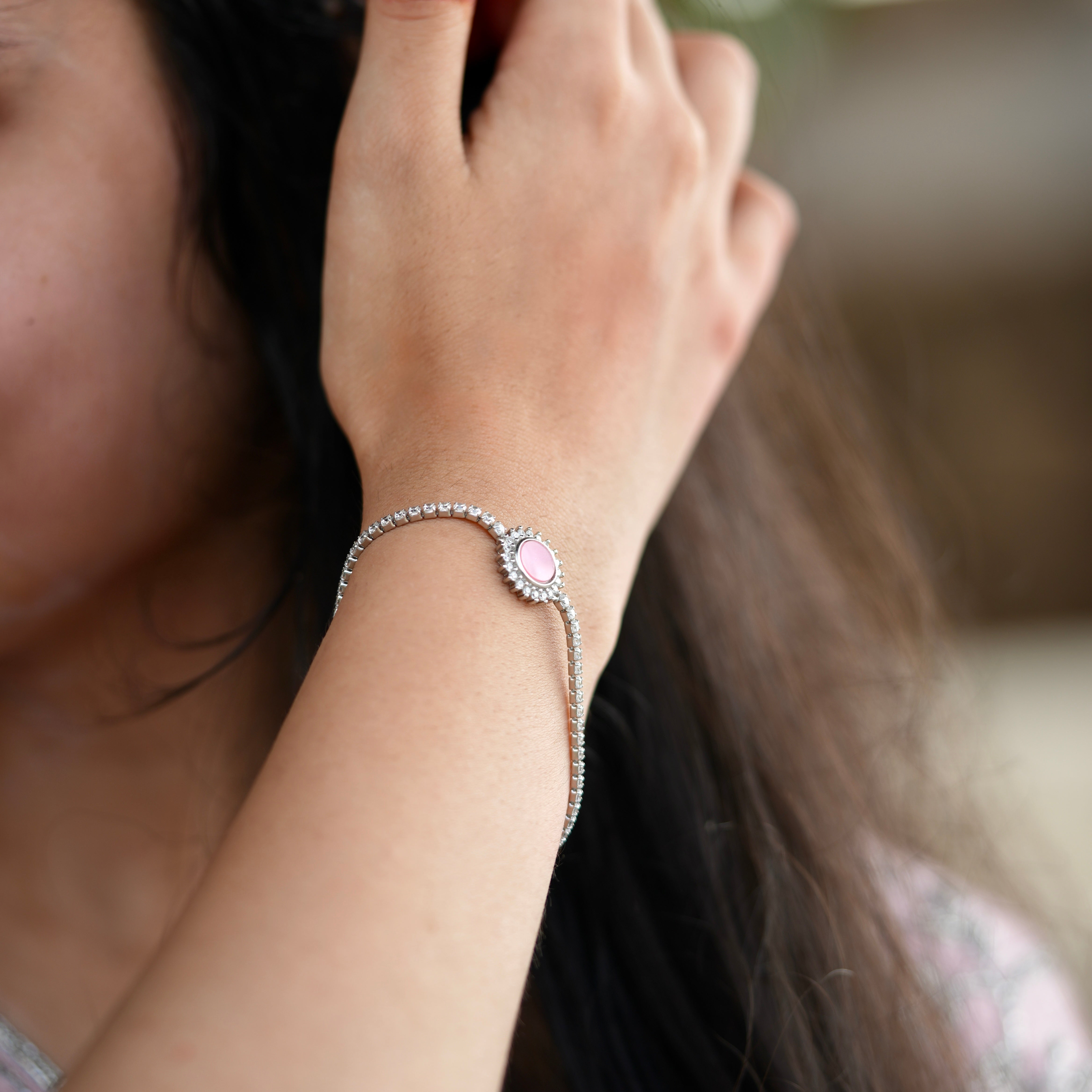 Trendy Pink Stone Silver Bracelet – 925 Sterling Jewellery India