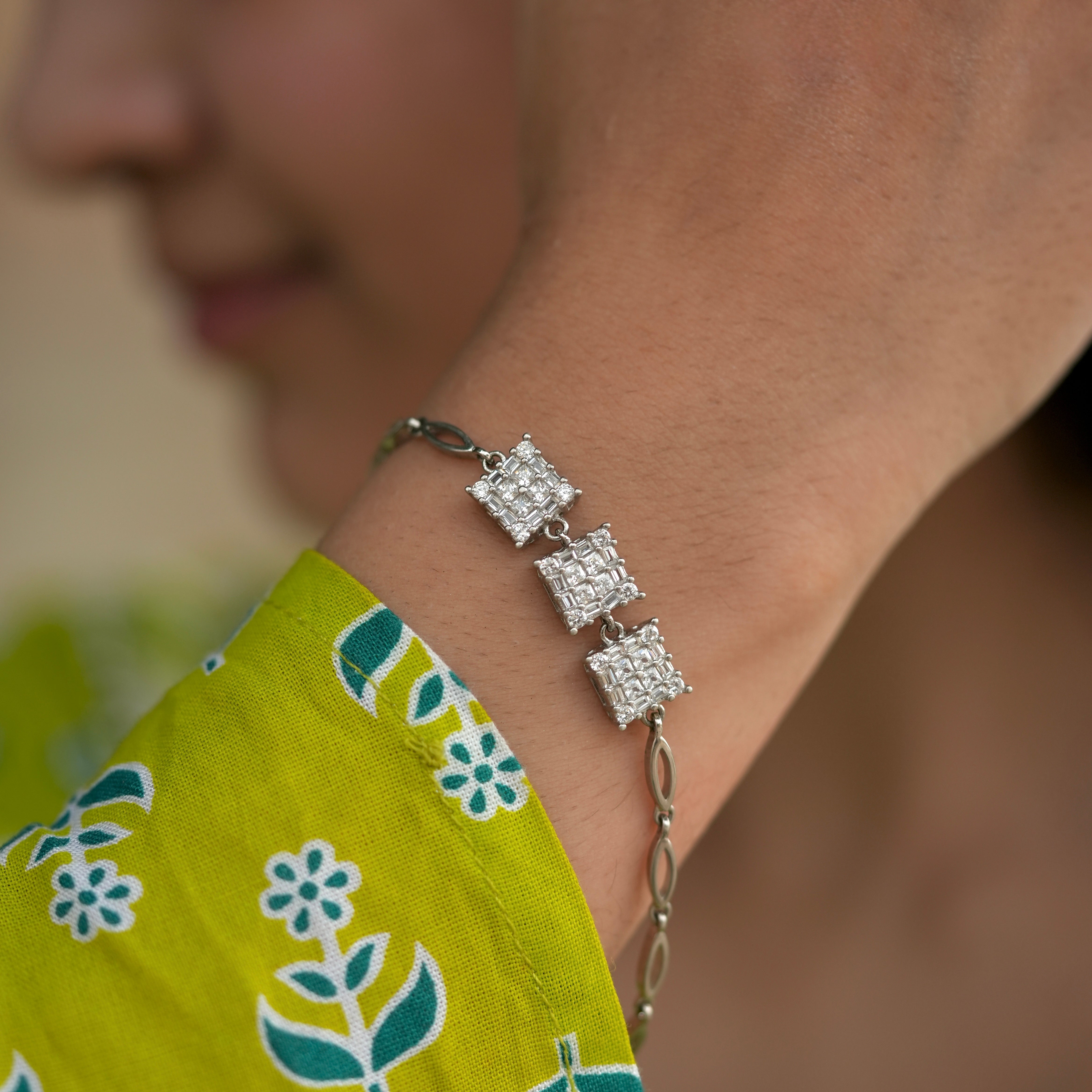 925 Silver Triple Square Diamond-Cut Bracelet for Women