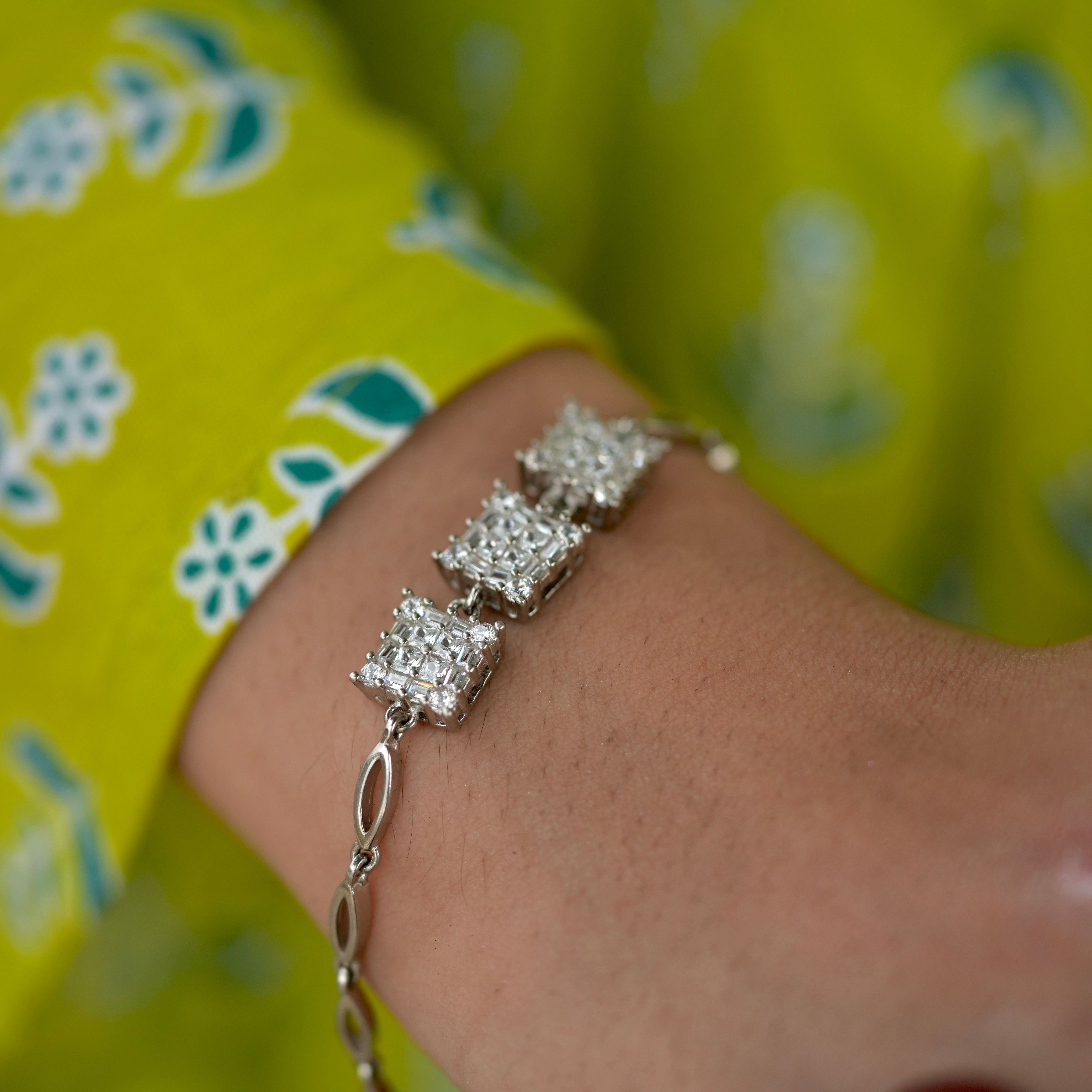 925 Silver Triple Square Diamond-Cut Bracelet for Women