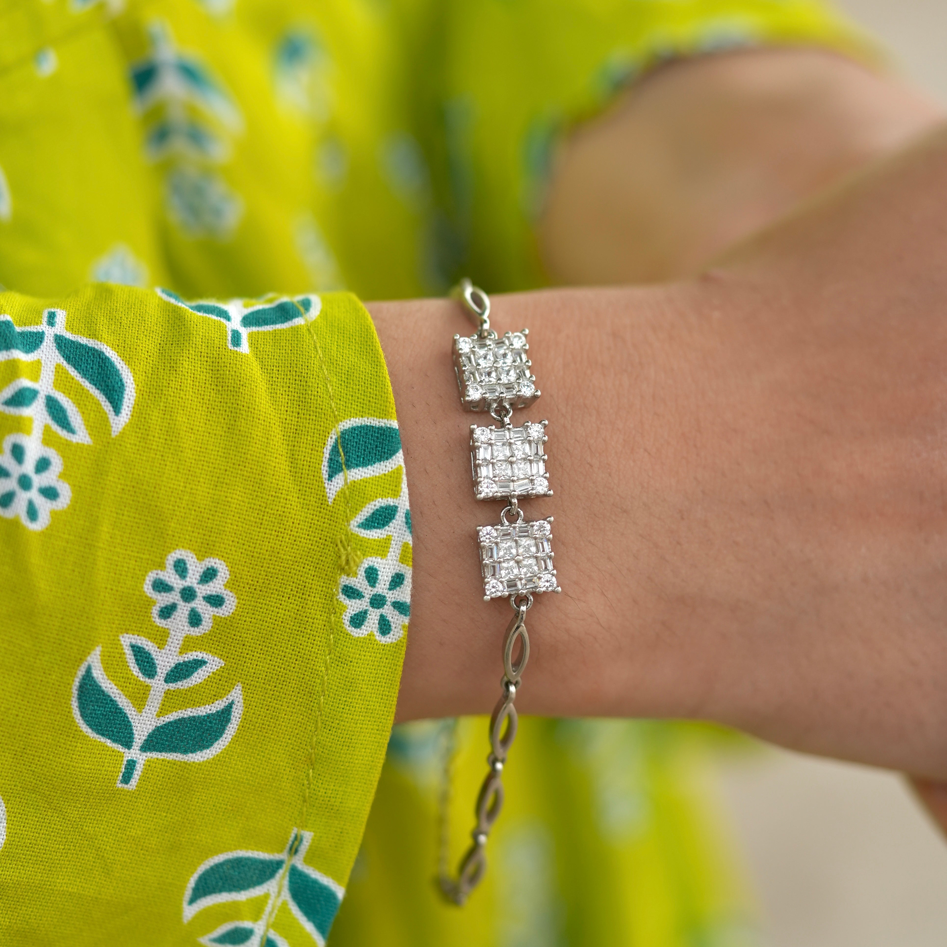 925 Silver Triple Square Diamond-Cut Bracelet for Women