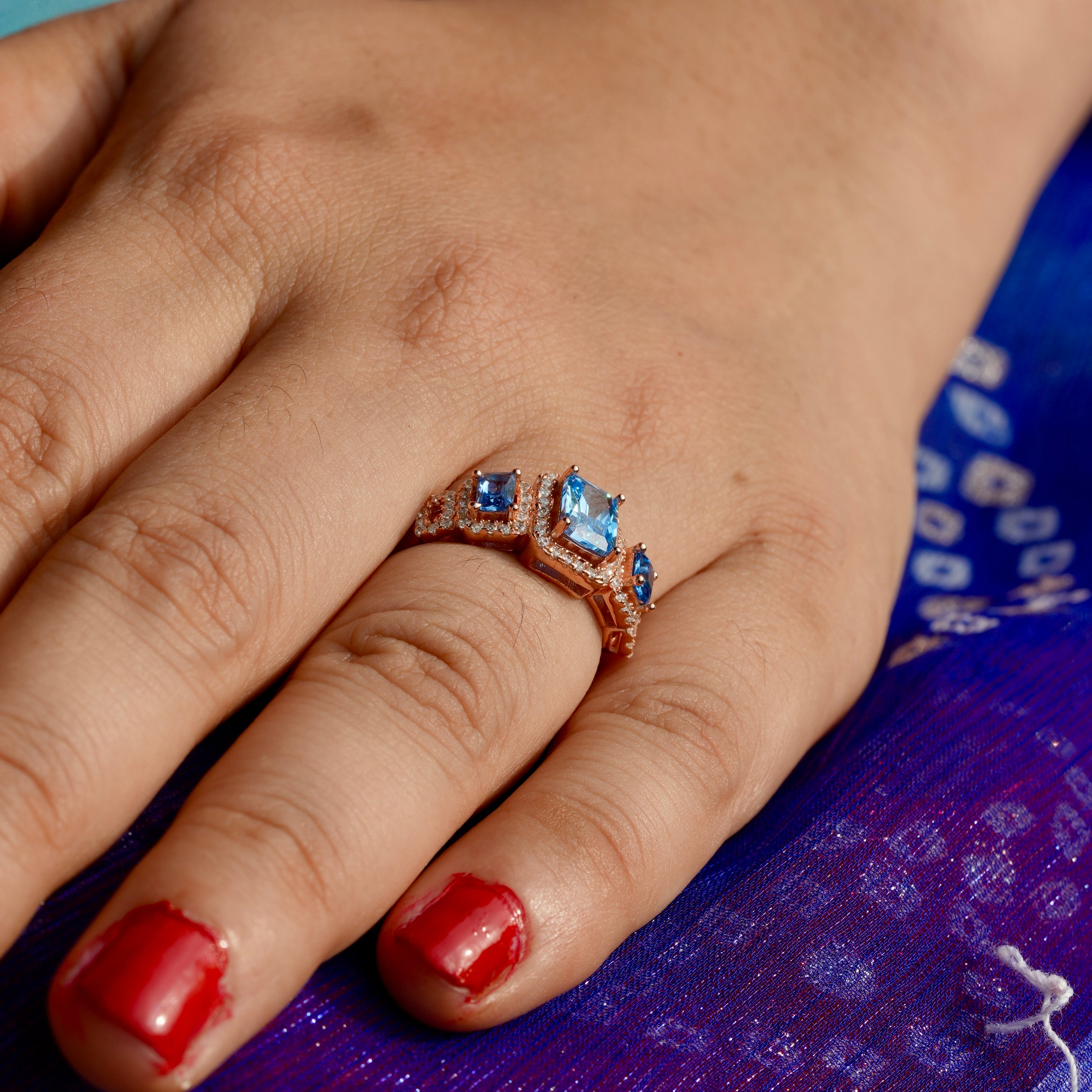 925 Silver Rose Gold Blue Stone Halo Ring for Women