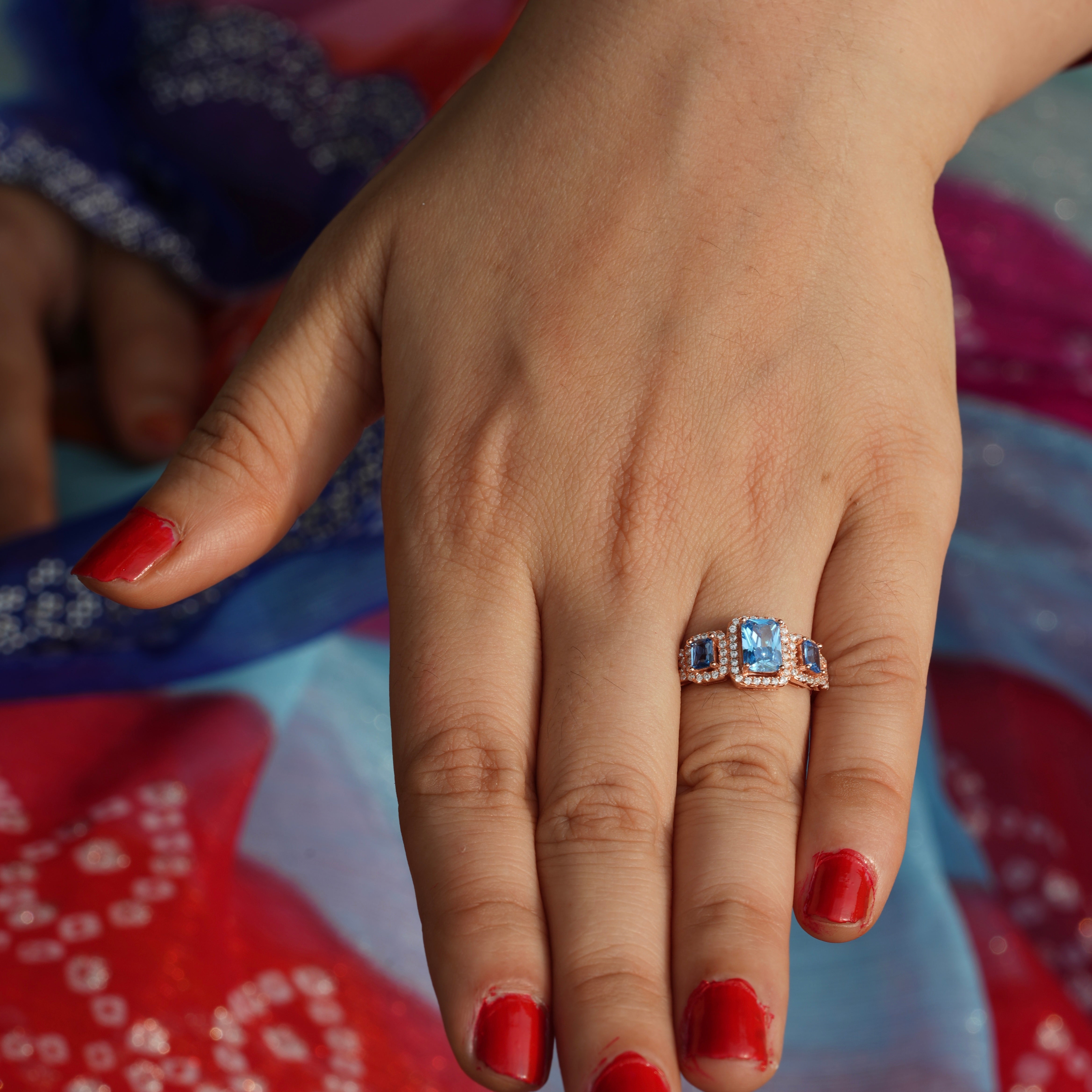 925 Silver Rose Gold Blue Stone Halo Ring for Women