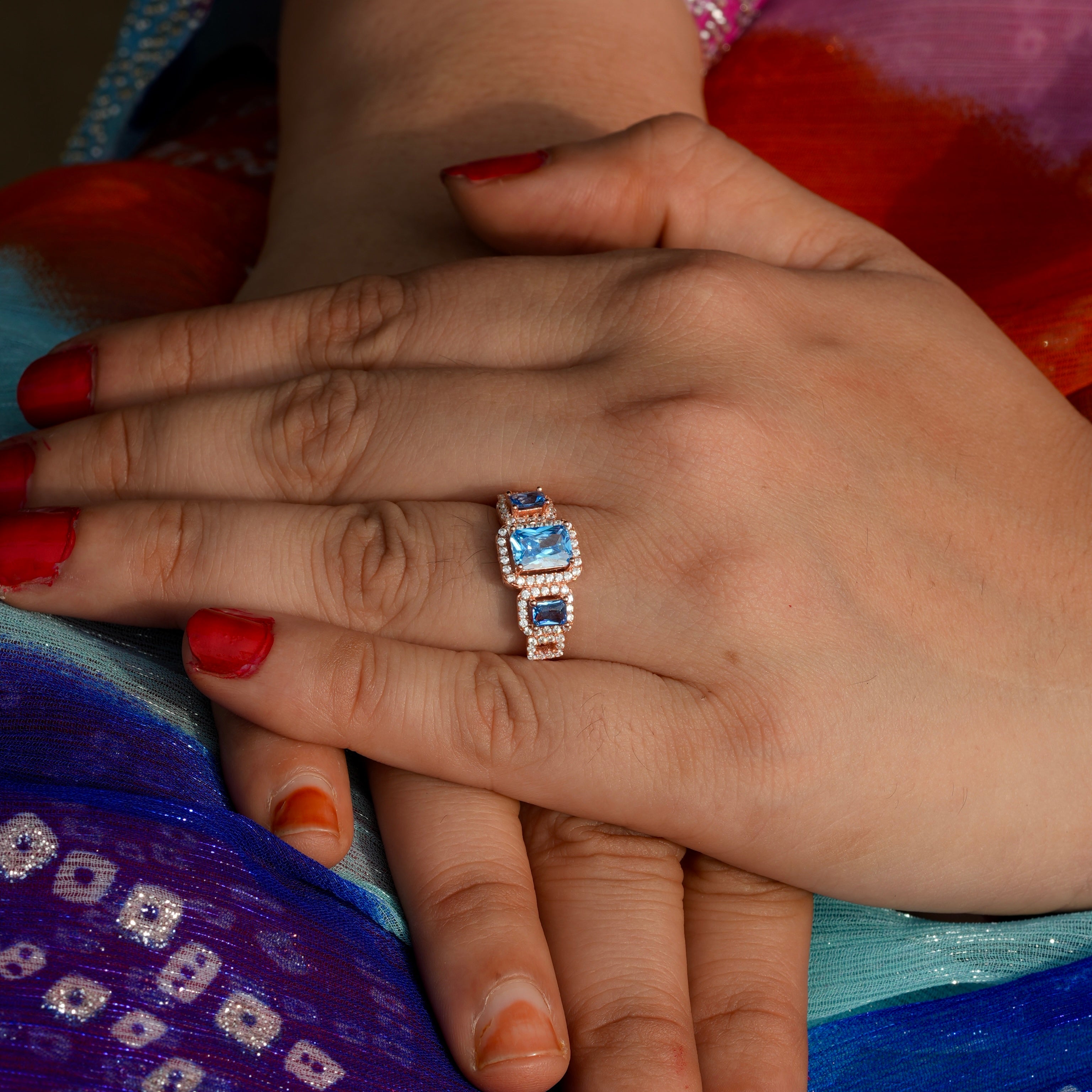 925 Silver Rose Gold Blue Stone Halo Ring for Women
