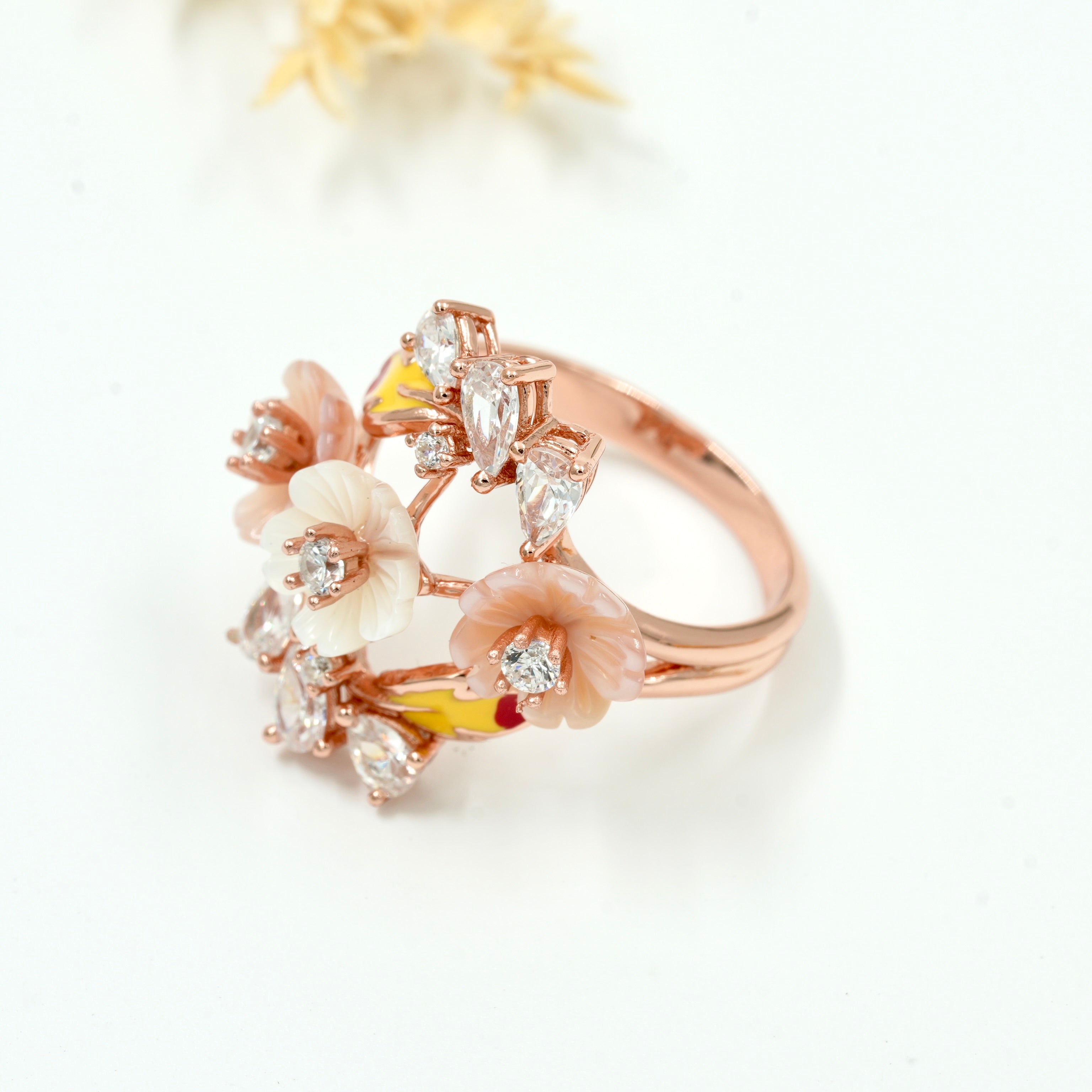 925 Sterling Silver Rose Gold Floral Statement Ring – CZ Stone Designer Flower Ring