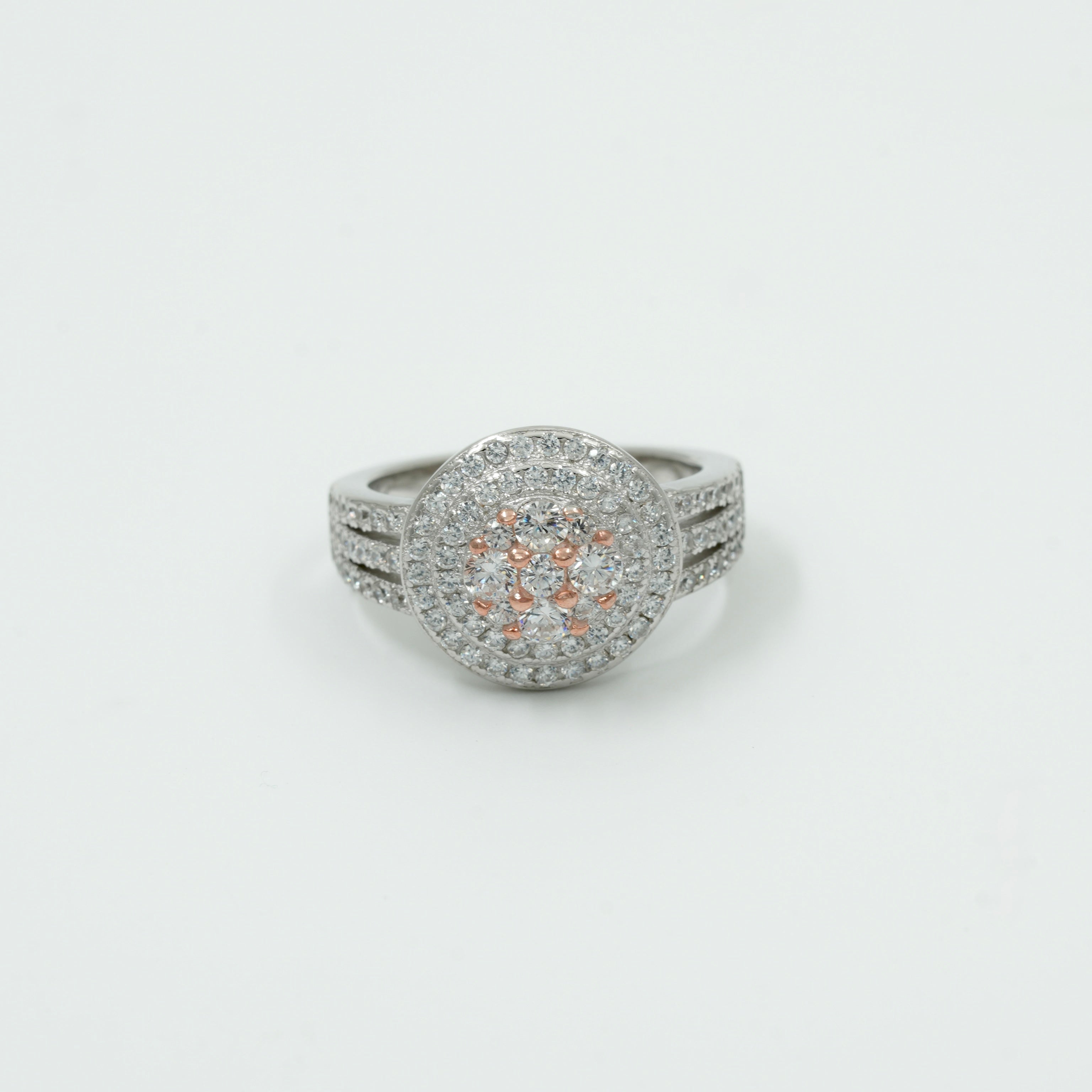 925 Sterling Silver Round Cluster Halo Ring with Rose Gold Prong Detailing