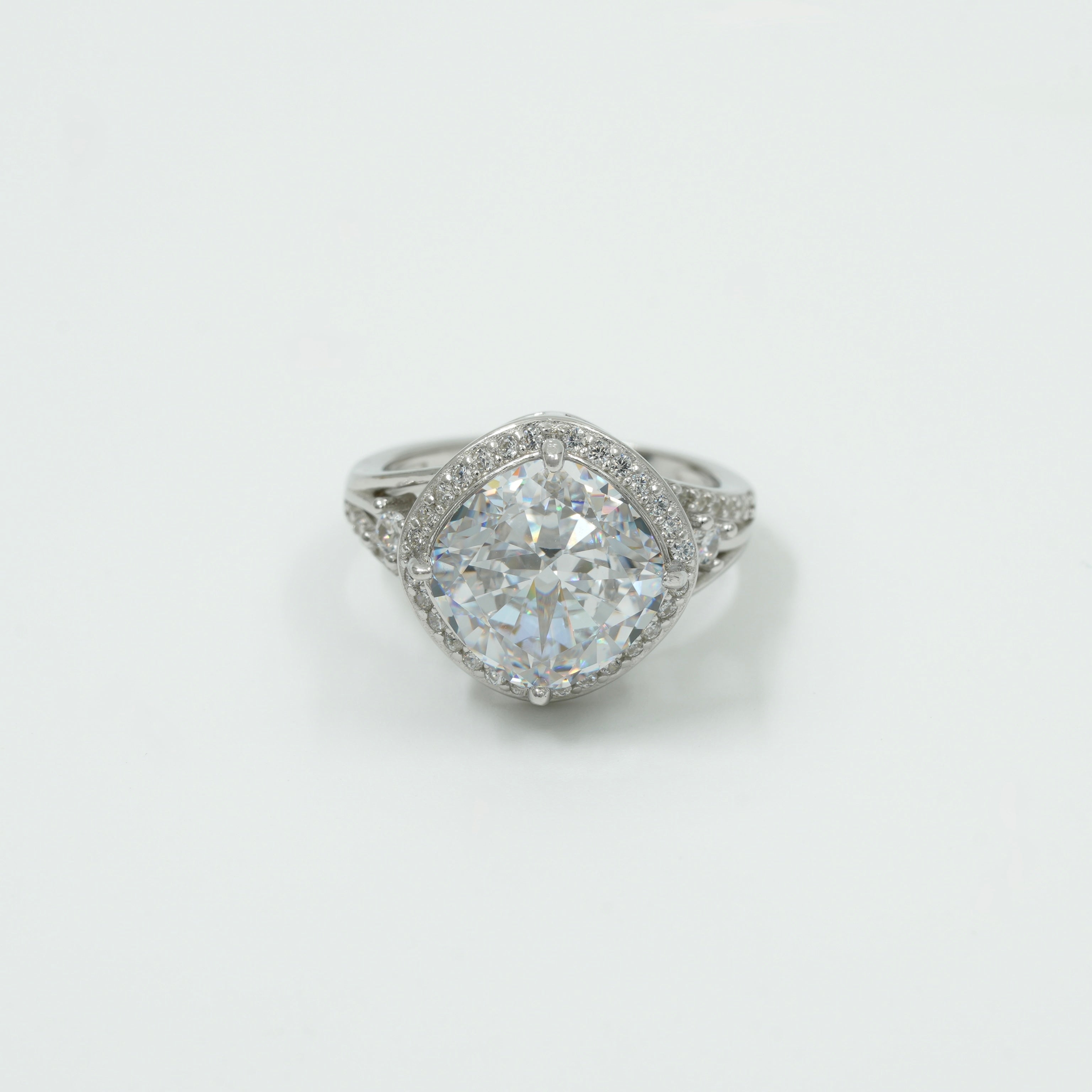 925 Silver Cushion Cut Halo Engagement Ring with Round Brilliant Stone