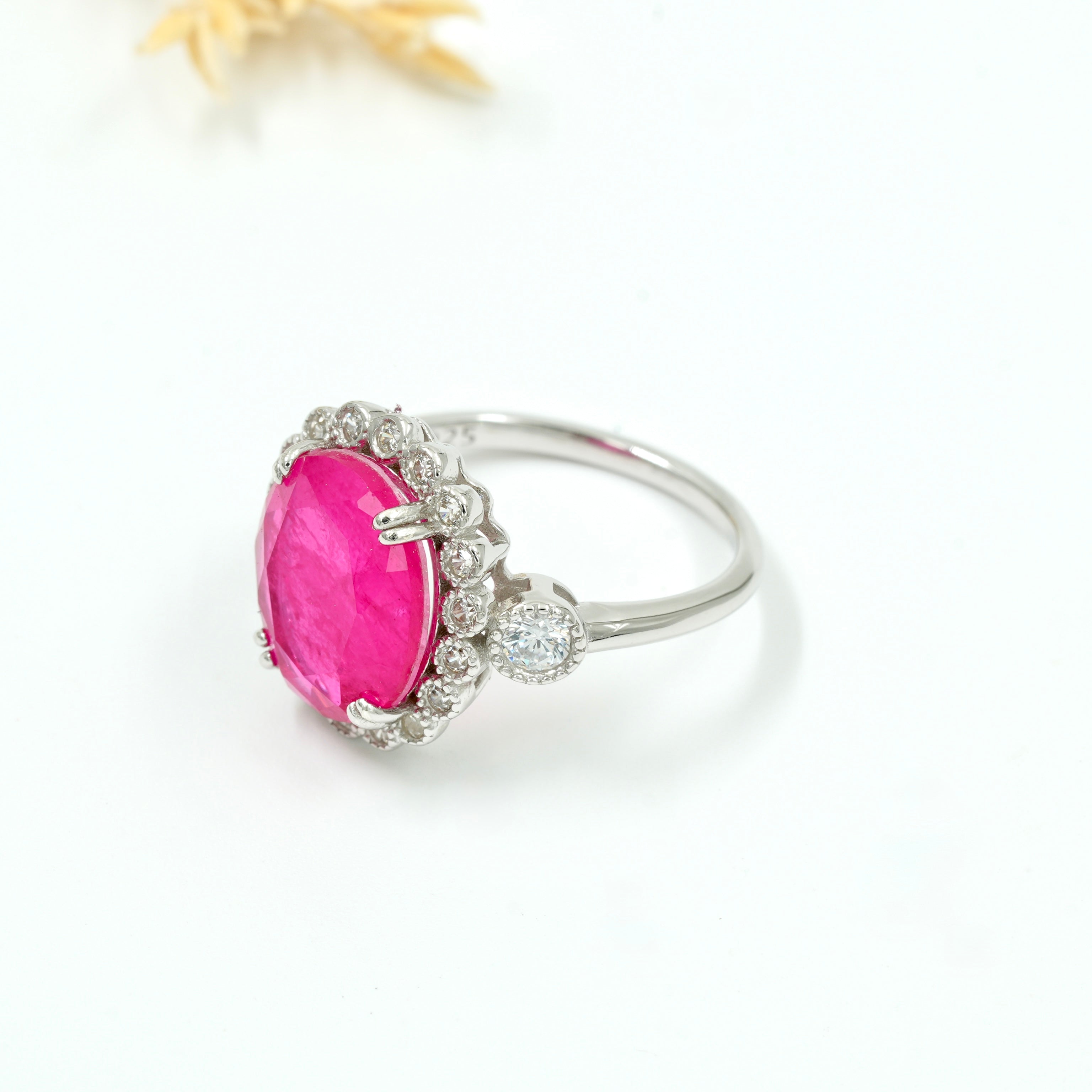 925 Silver Ruby Red Oval Halo Ring with White Zircon Accents
