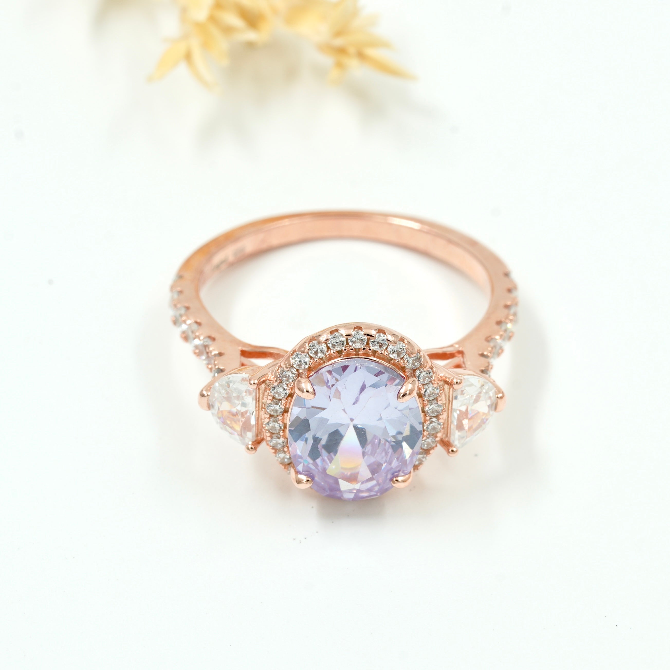Rose Gold-Plated Amethyst Style Halo Ring – Oval Purple Stone with Diamond Accents