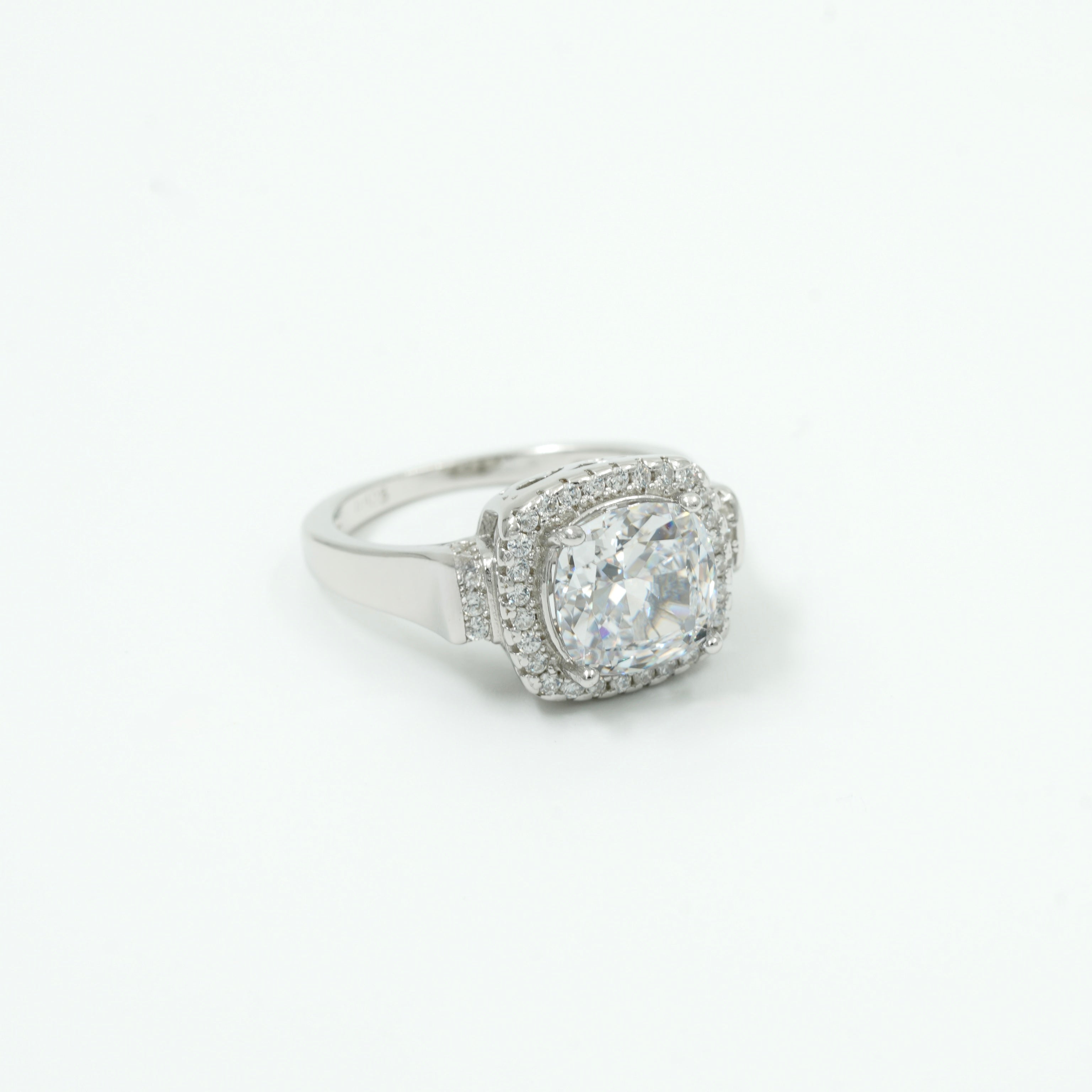 925 Silver Cushion Cut Halo Ring with Sparkling Accents