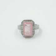 925 Silver Pink Emerald-Cut Statement Ring with Halo Diamonds