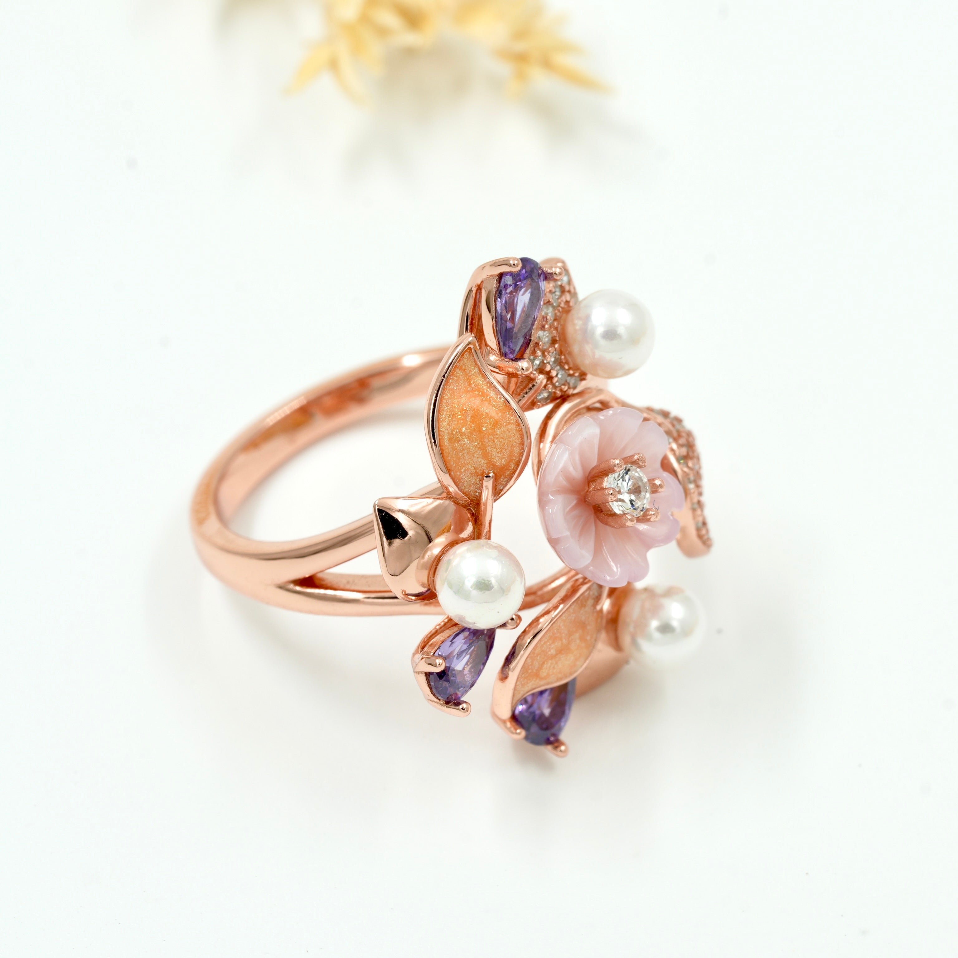 925 Silver Rose Gold Floral Pearl & Amethyst Statement Ring