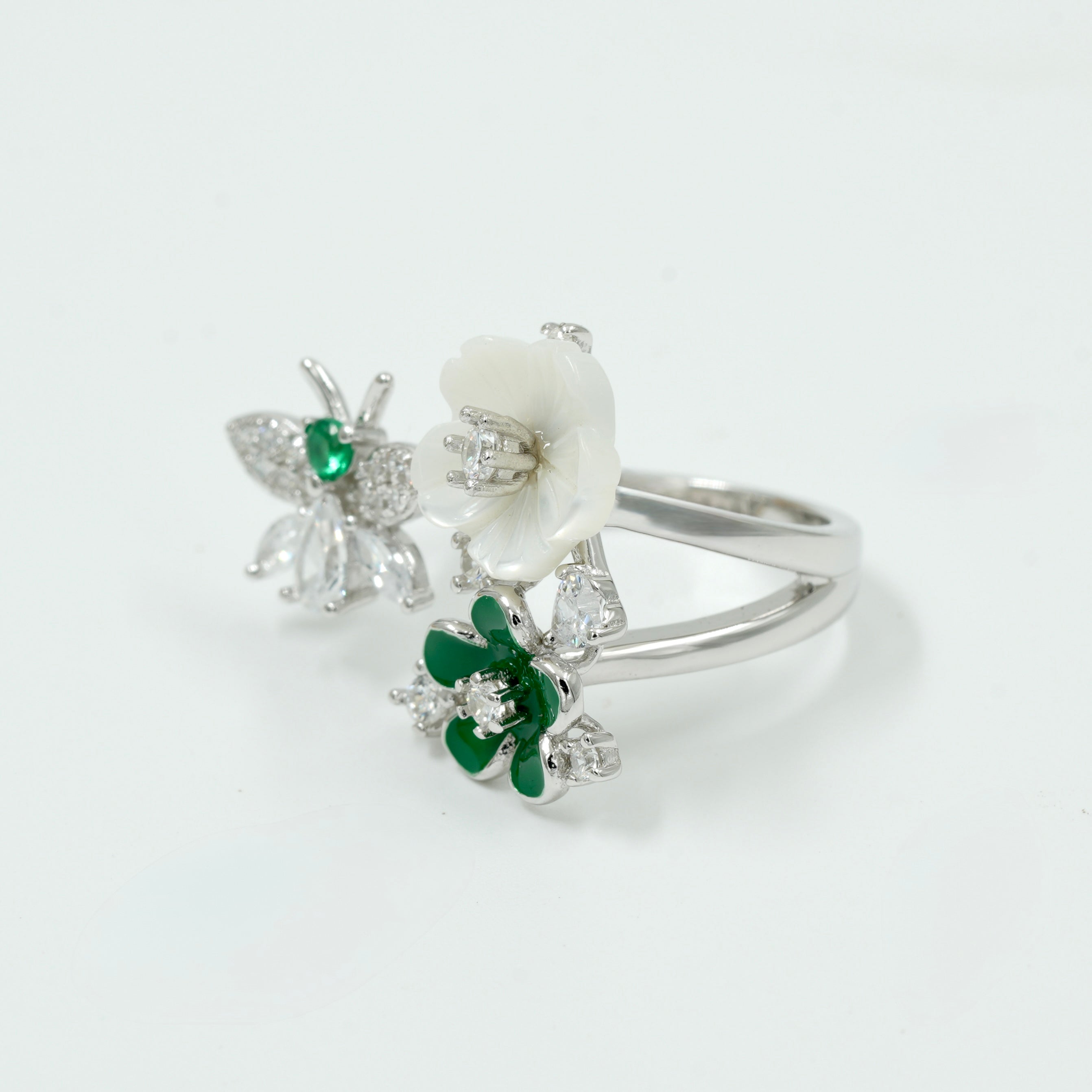925 Silver Butterfly & Flower Adjustable Ring – Green & White Stone Design