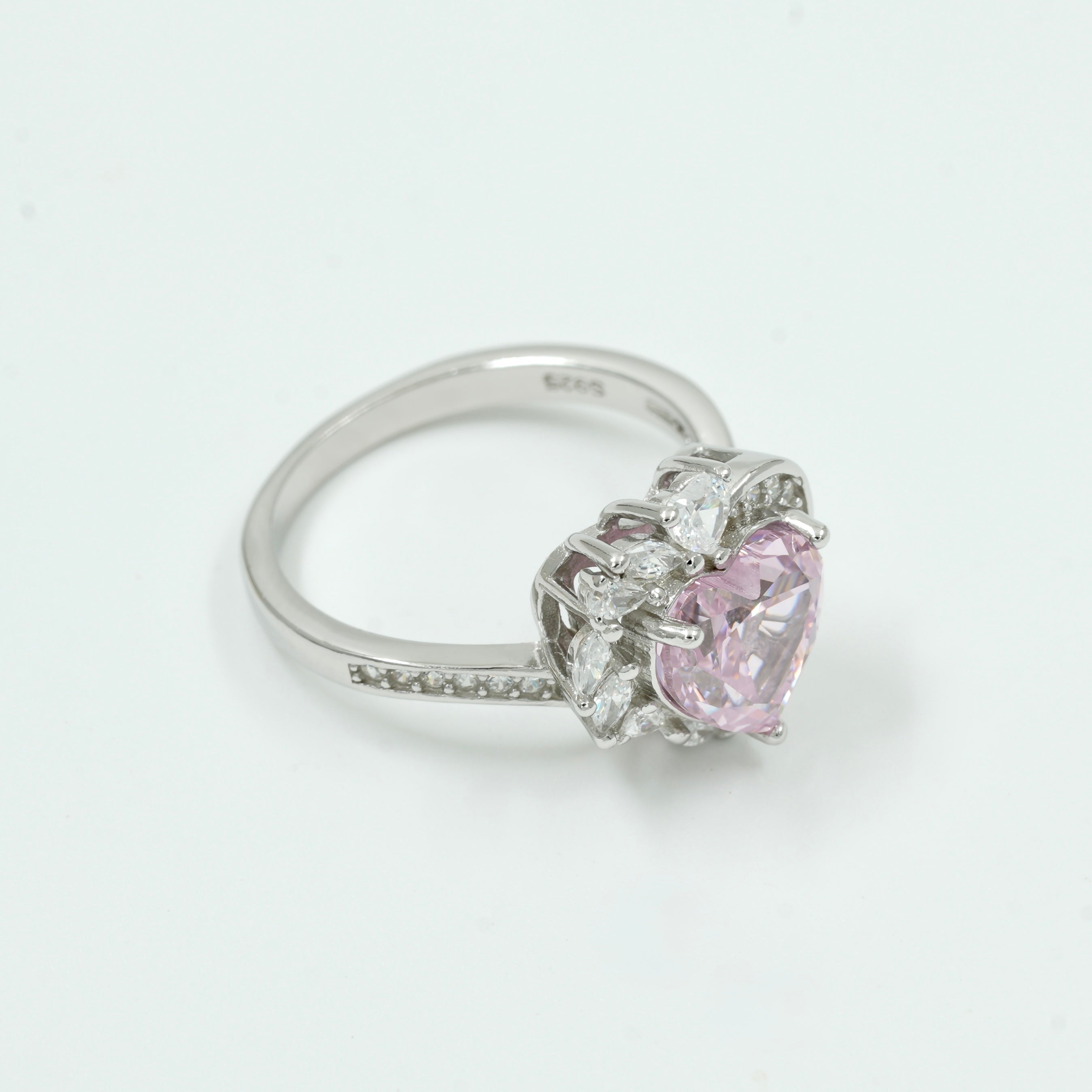 925 Silver Pink Heart Solitaire Ring with CZ Diamond Accents – Romantic Valentine Jewellery