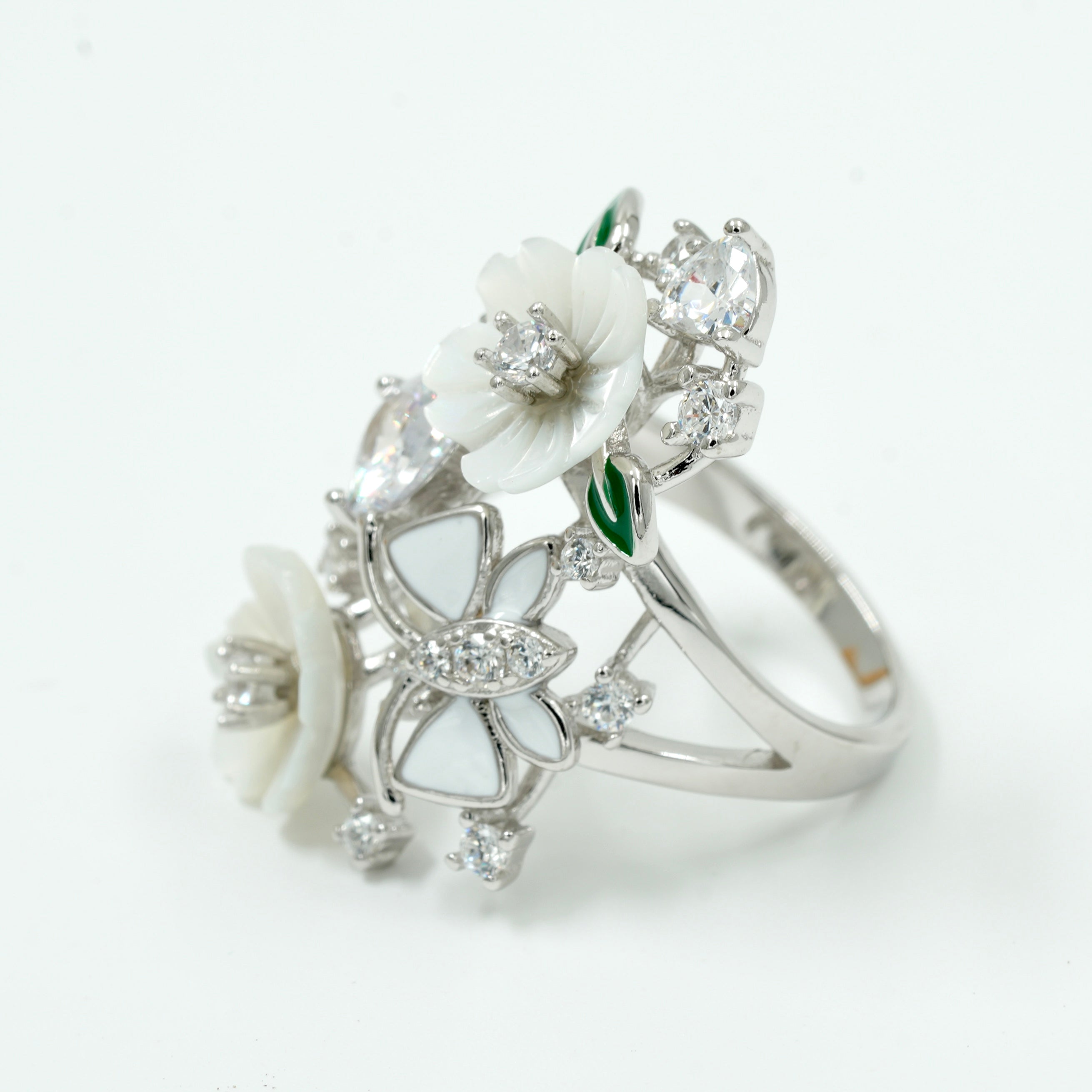 925 Silver Floral & Leaf Designer Ring with White Stone & Enamel Detailing