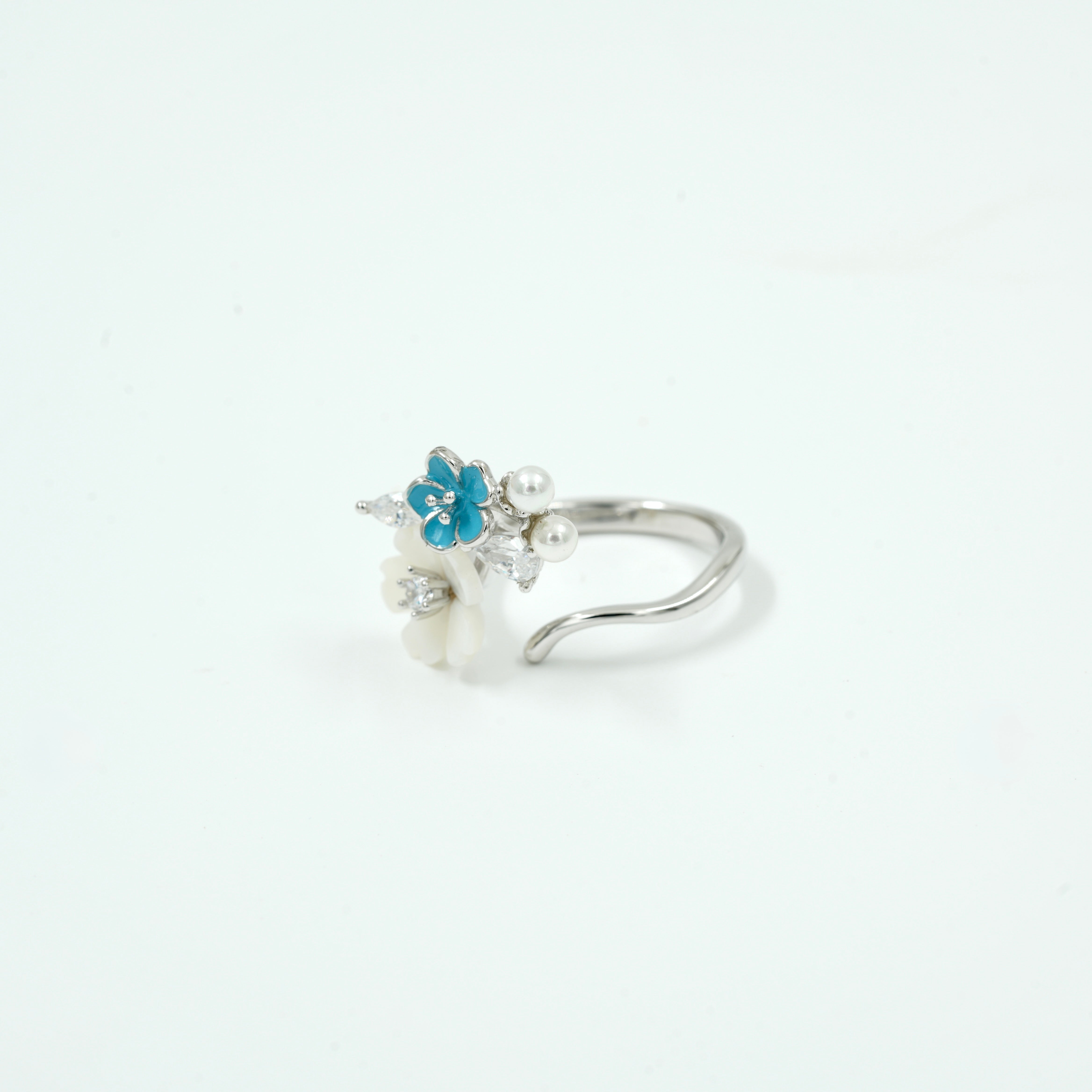 925 Silver Dual-Tone Floral Adjustable Ring with Enamel & Pearl