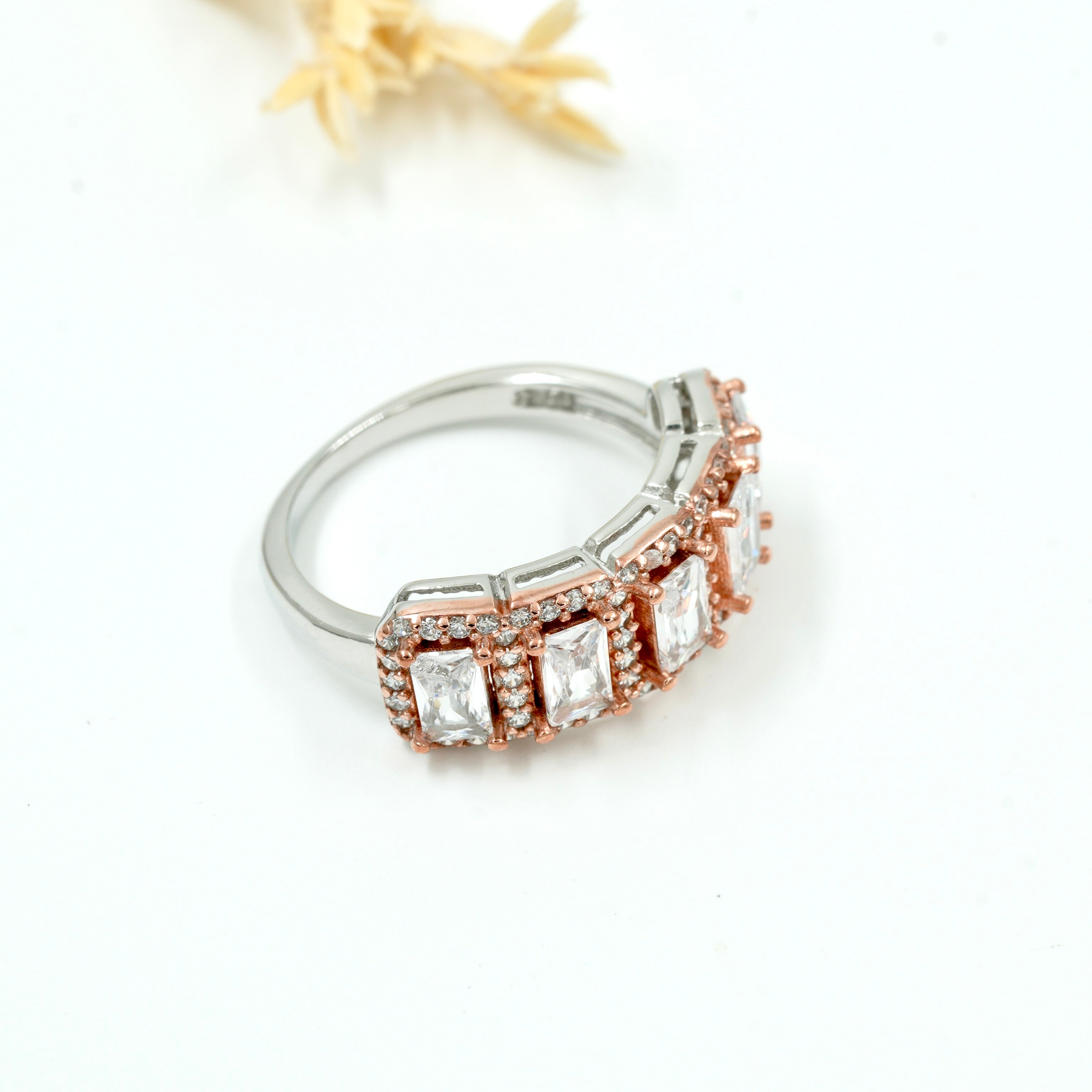 925 Silver Emerald Cut White Stone Rose-Gold Plated Band Ring