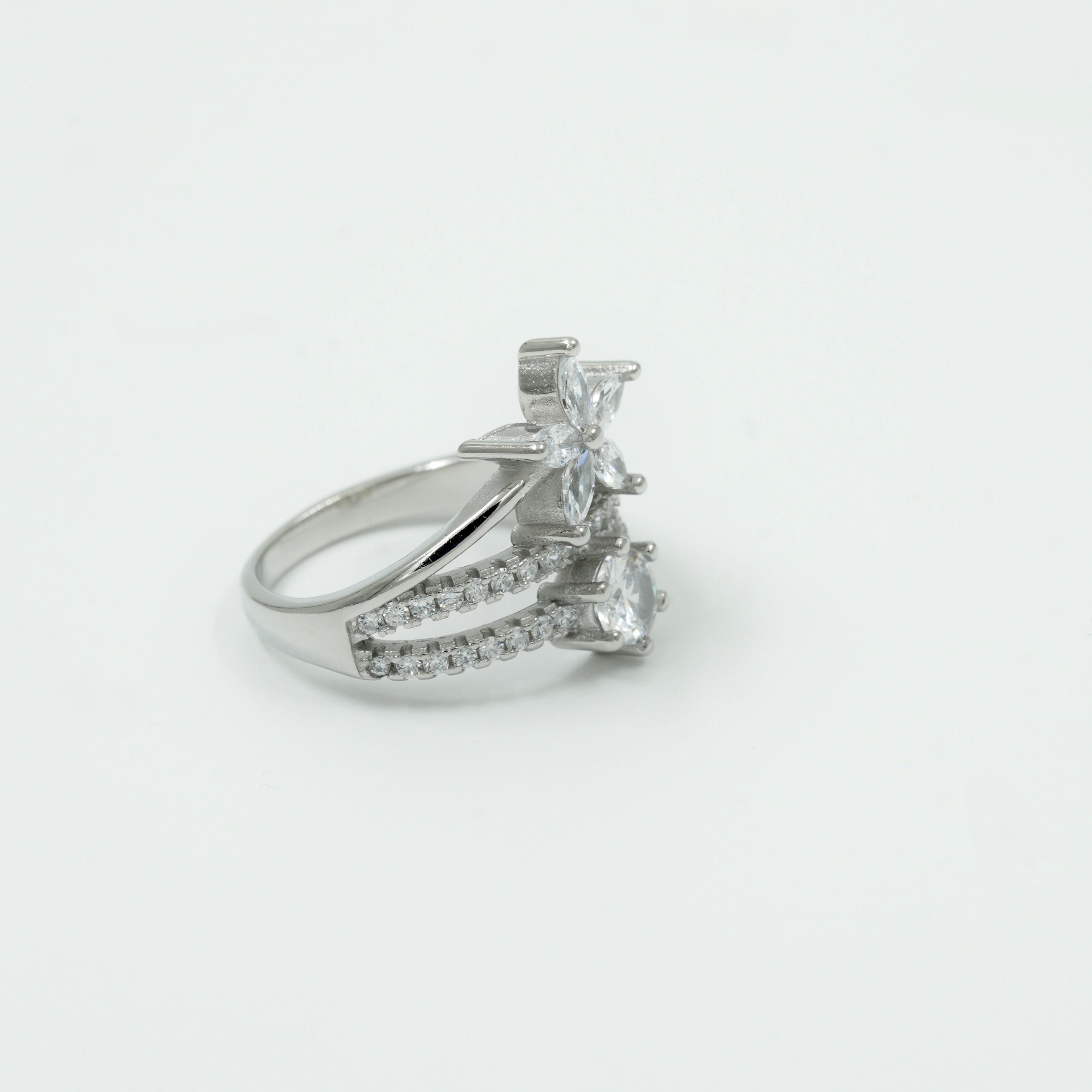 925 Silver Floral Double Layer CZ Diamond Ring