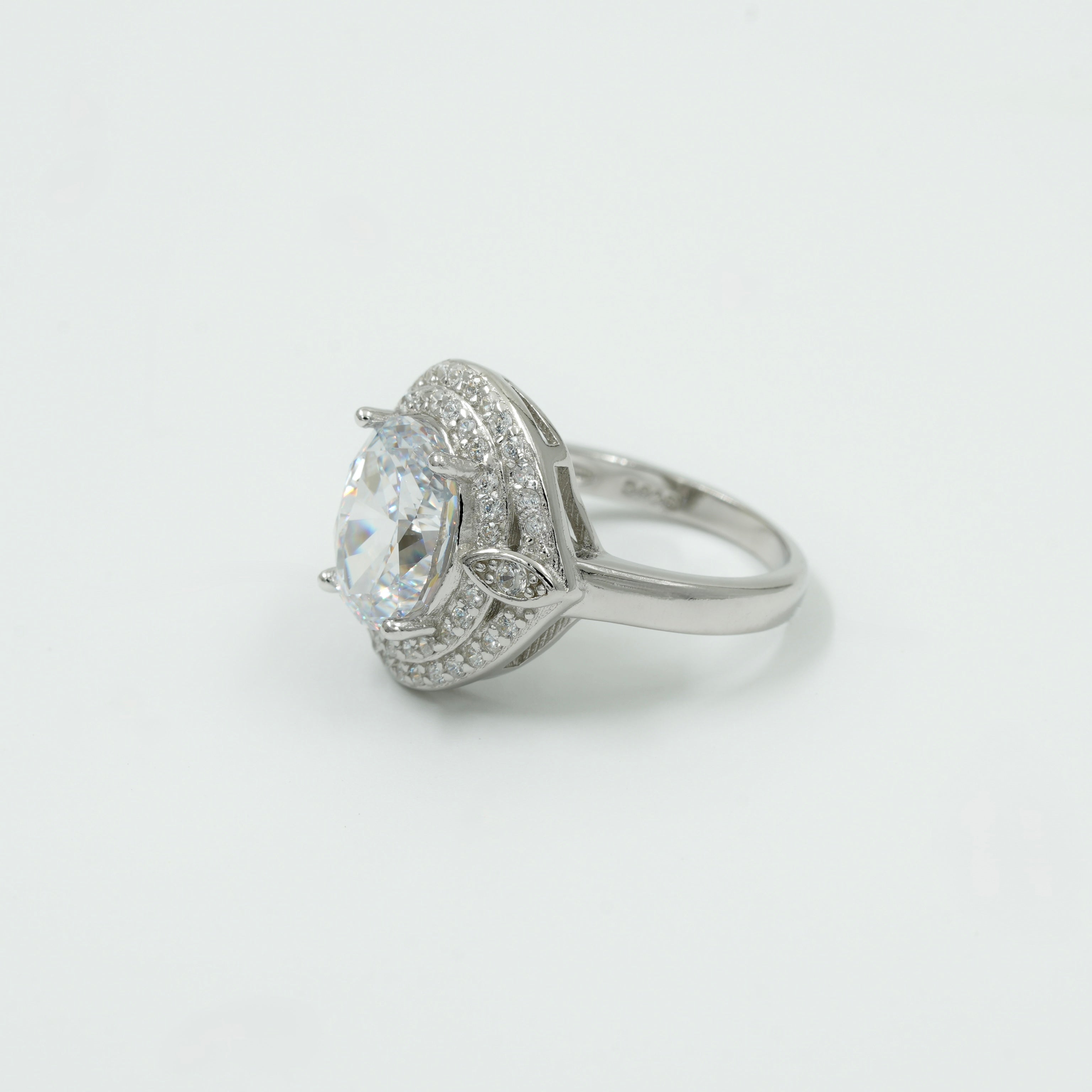 925 Silver Oval Halo Statement Ring with CZ Stones