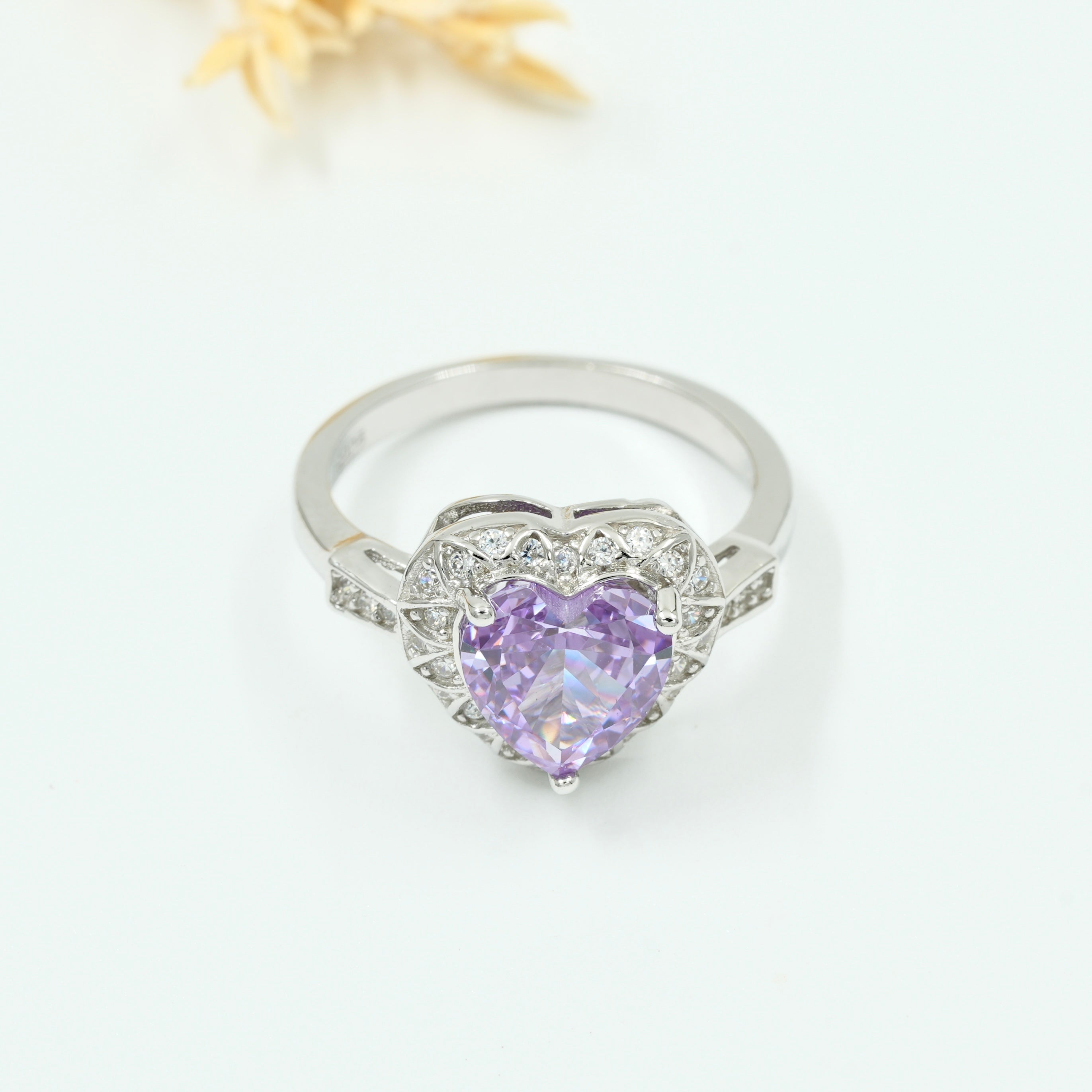 925 Silver Heart-Shaped Purple Gemstone Ring with Diamond Accents