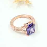 925 Silver Rose Gold Plated Ring with Purple Square-Cut Stone & Side Diamonds