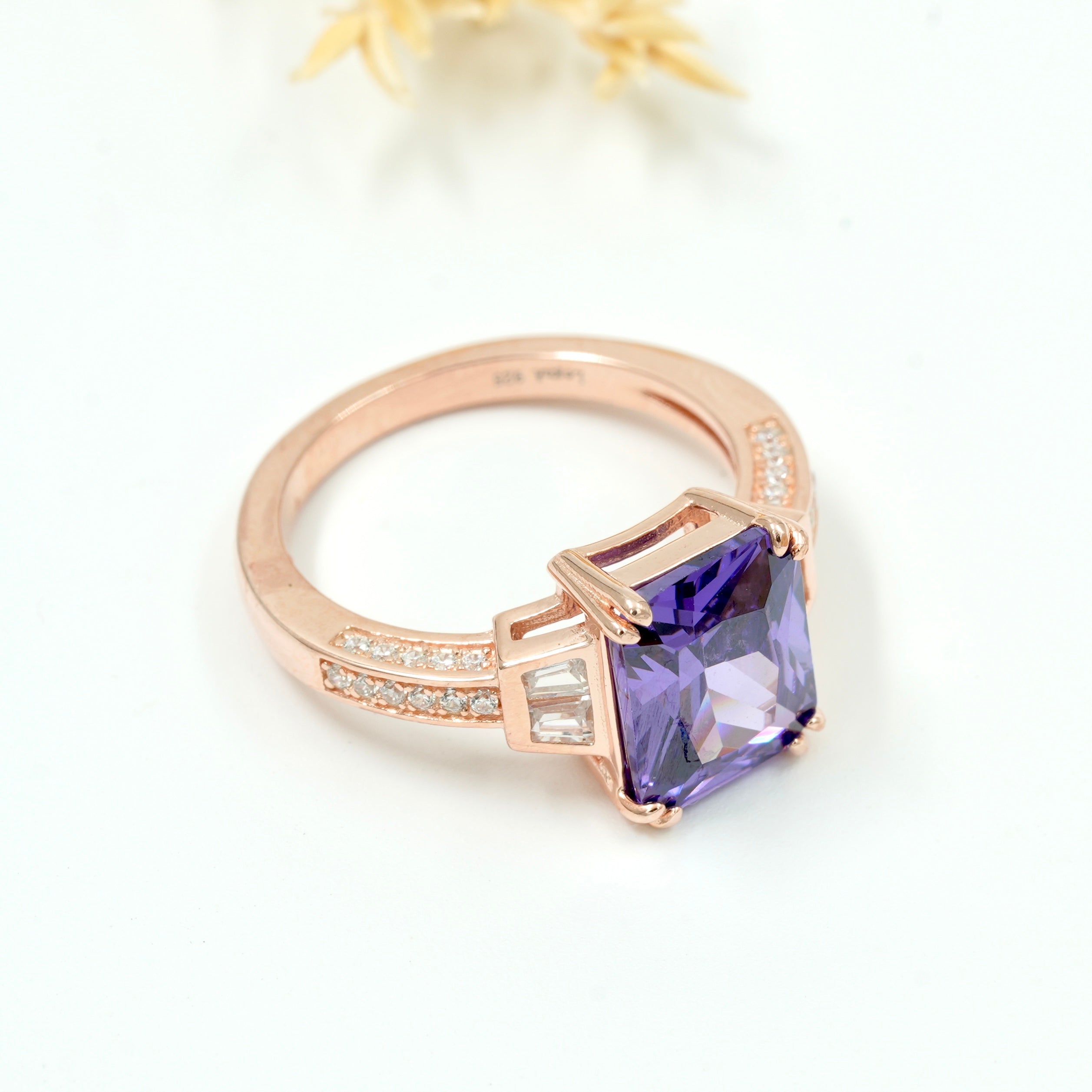925 Silver Rose Gold Plated Ring with Purple Square-Cut Stone & Side Diamonds