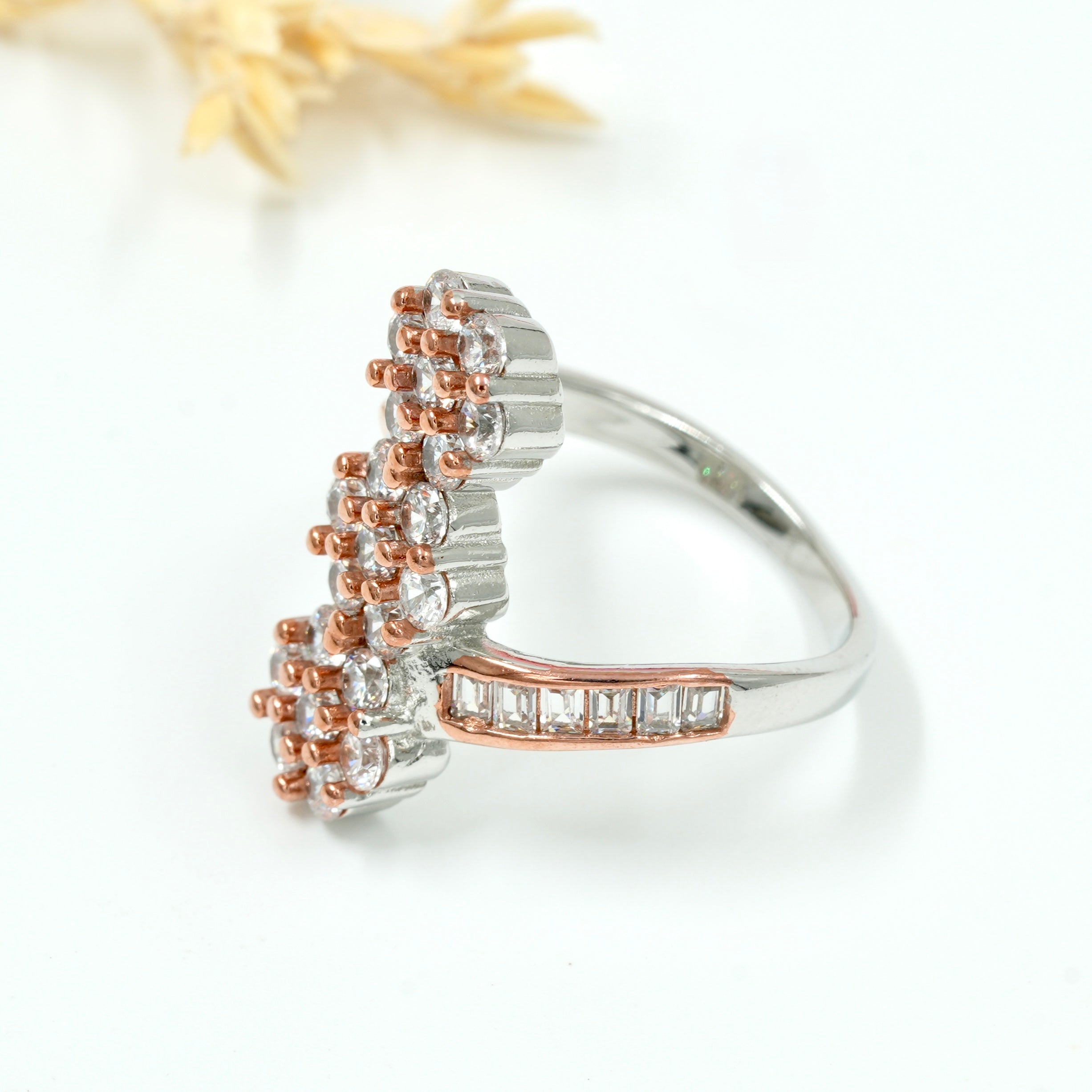 925 Silver Double Row CZ Cluster Ring – Rose Gold & Silver Finish