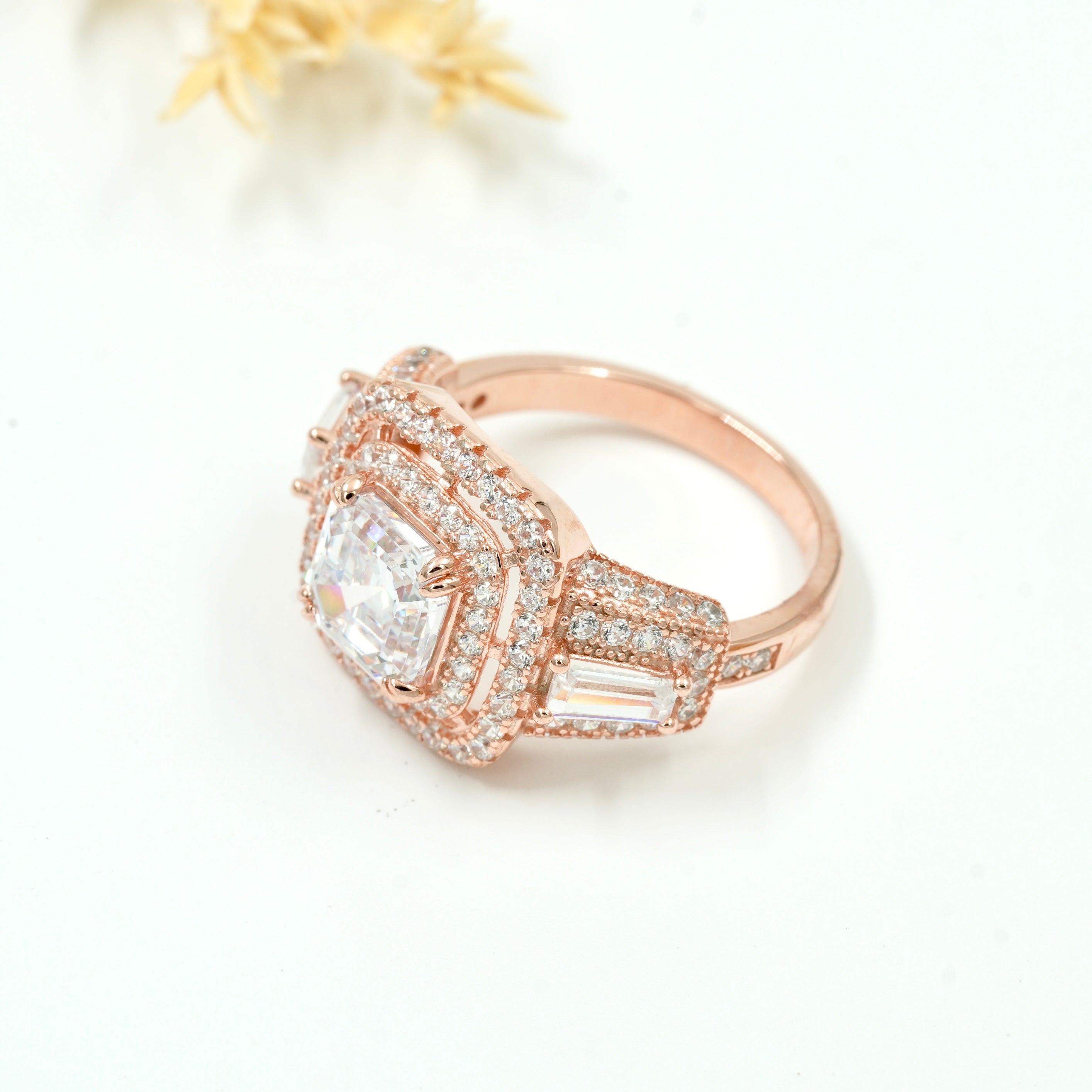925 Silver Square Halo Statement Ring – White Zircon & Rose Gold Finish