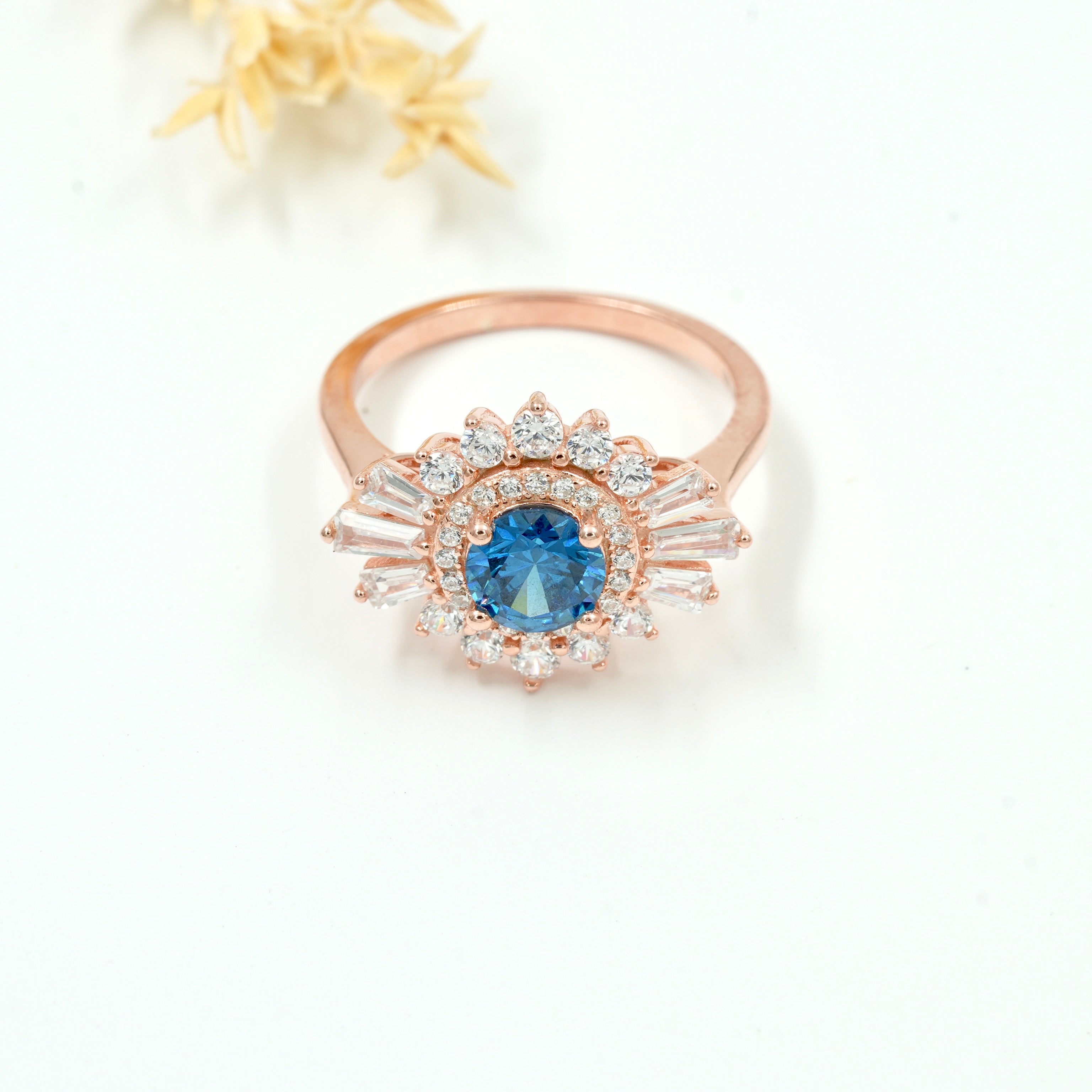 925 Silver Blue Sapphire Sunburst Halo Ring – Rose Gold Finish