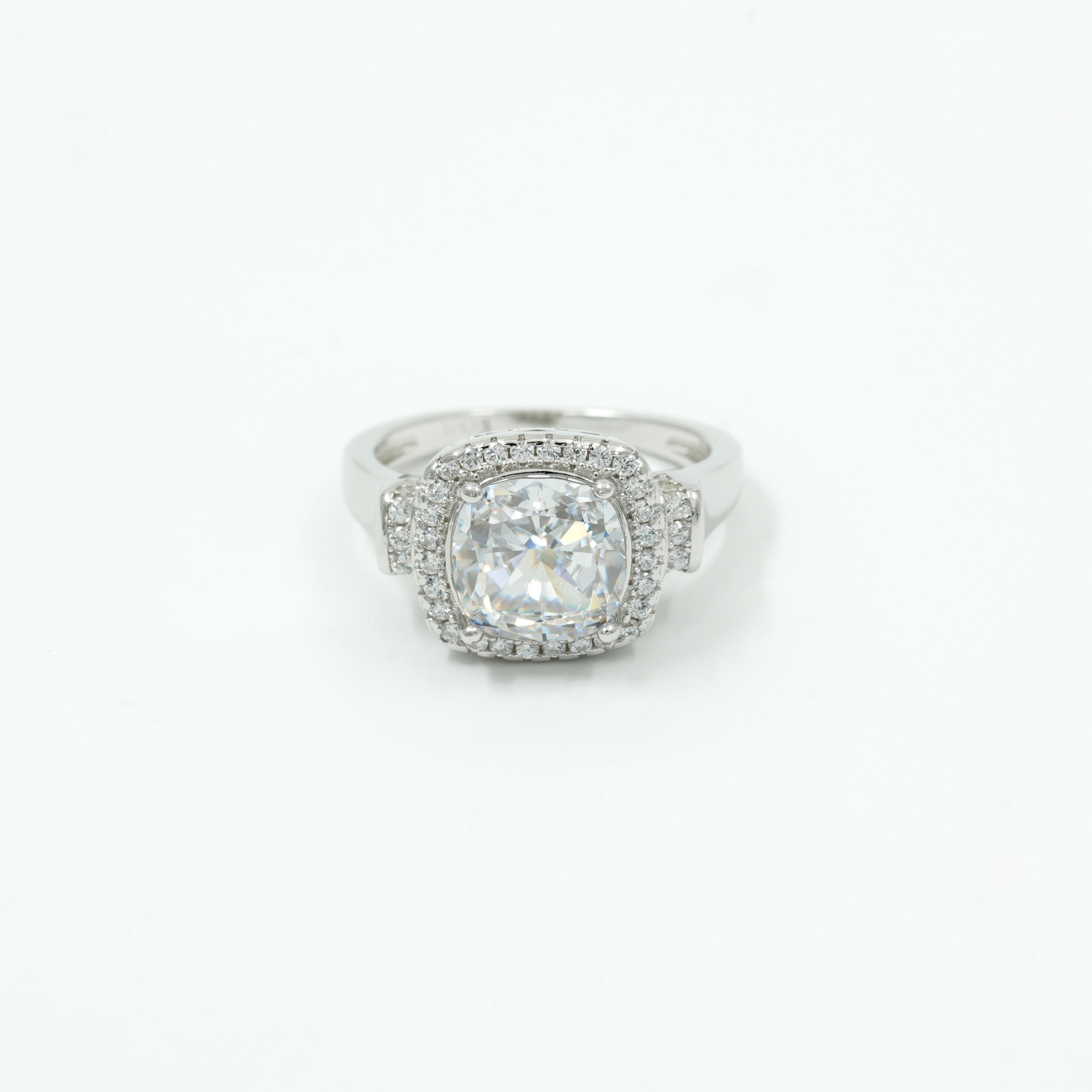 925 Silver Cushion Cut Halo Ring with Sparkling Accents