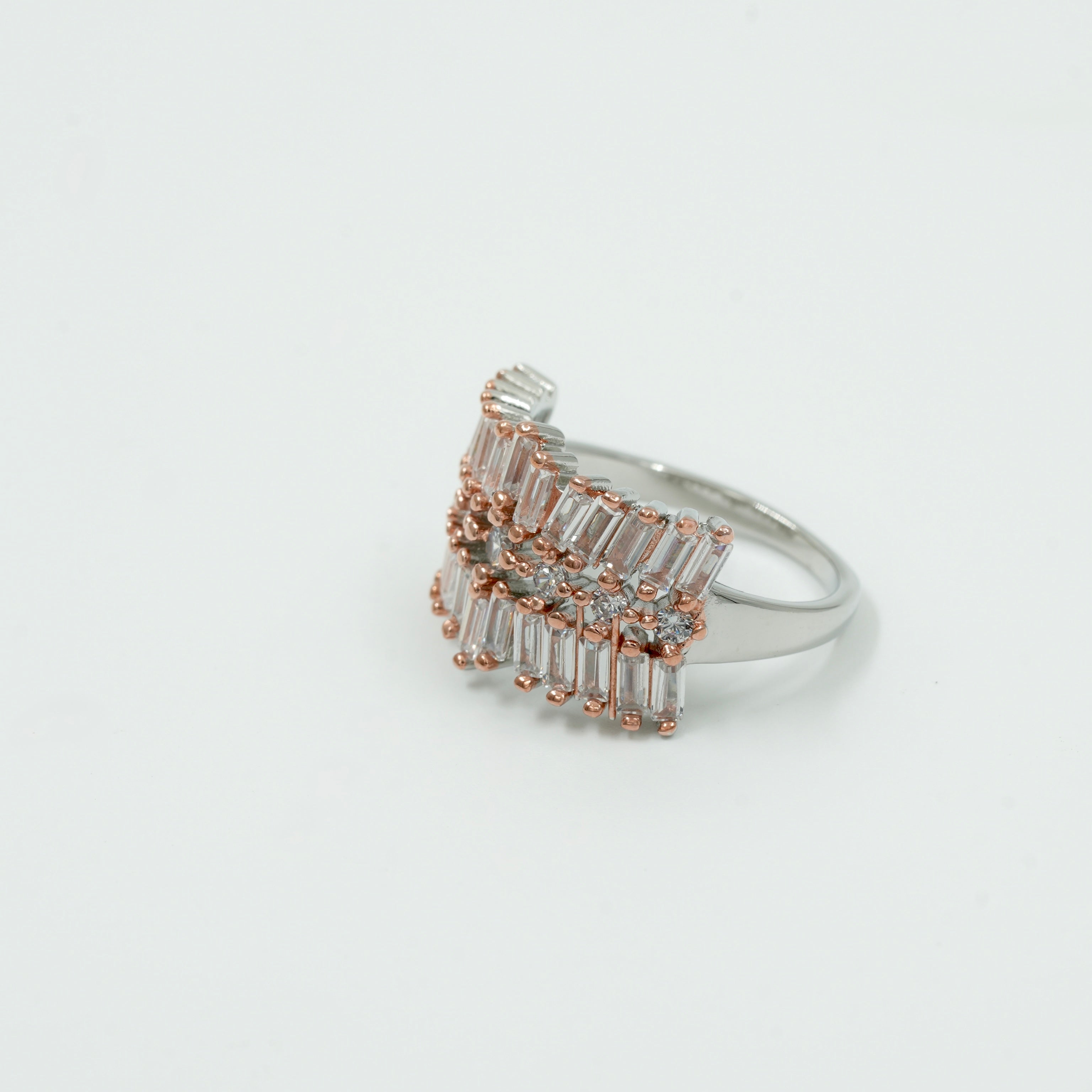 925 Silver Rose Gold Plated Designer Cocktail Ring – Baguette Cut Stones
