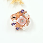925 Silver Rose Gold Floral Pearl & Amethyst Statement Ring