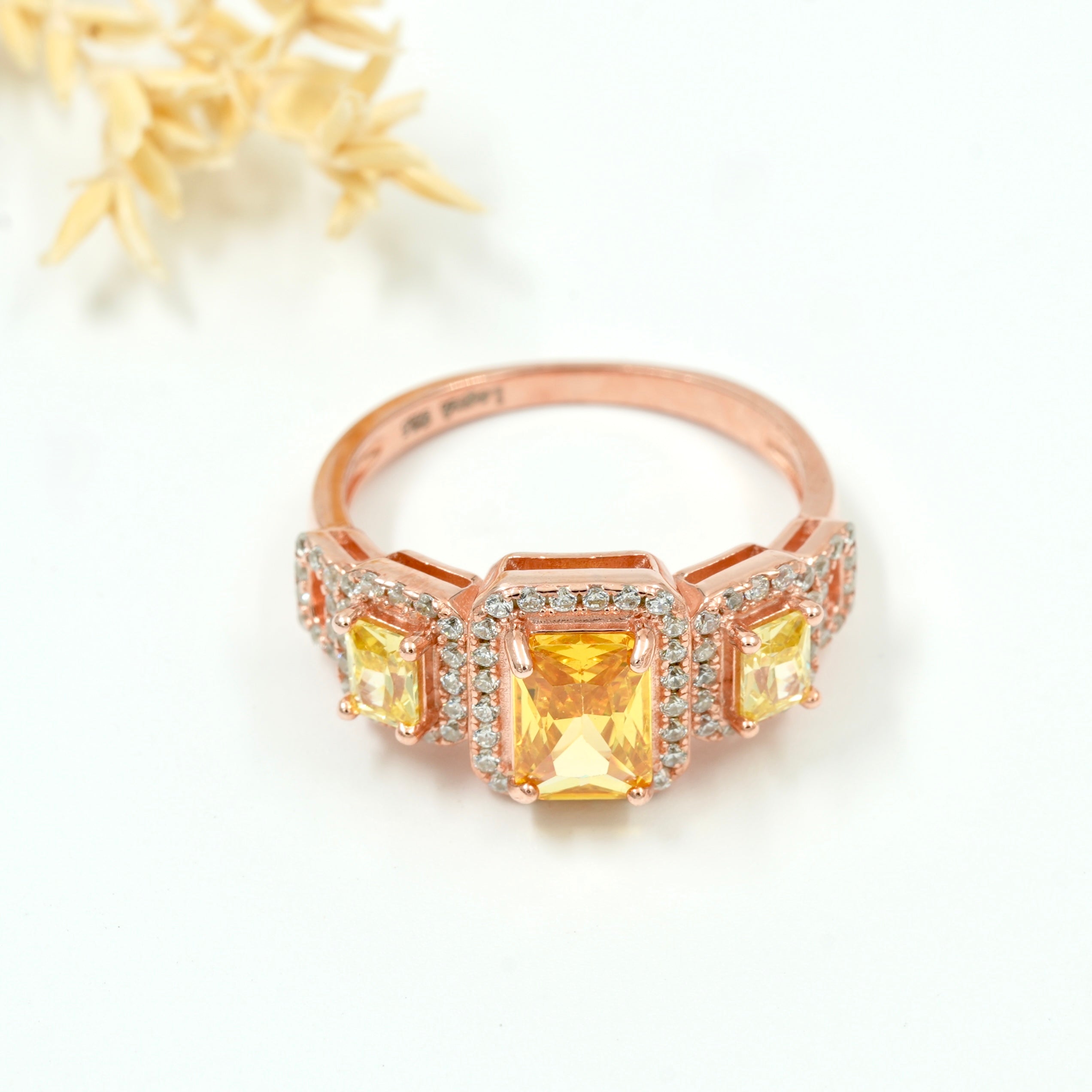 Rose Gold Plated 925 Silver Triple Stone Ring with American Diamond Halo – Available in Blue, Yellow & Peach