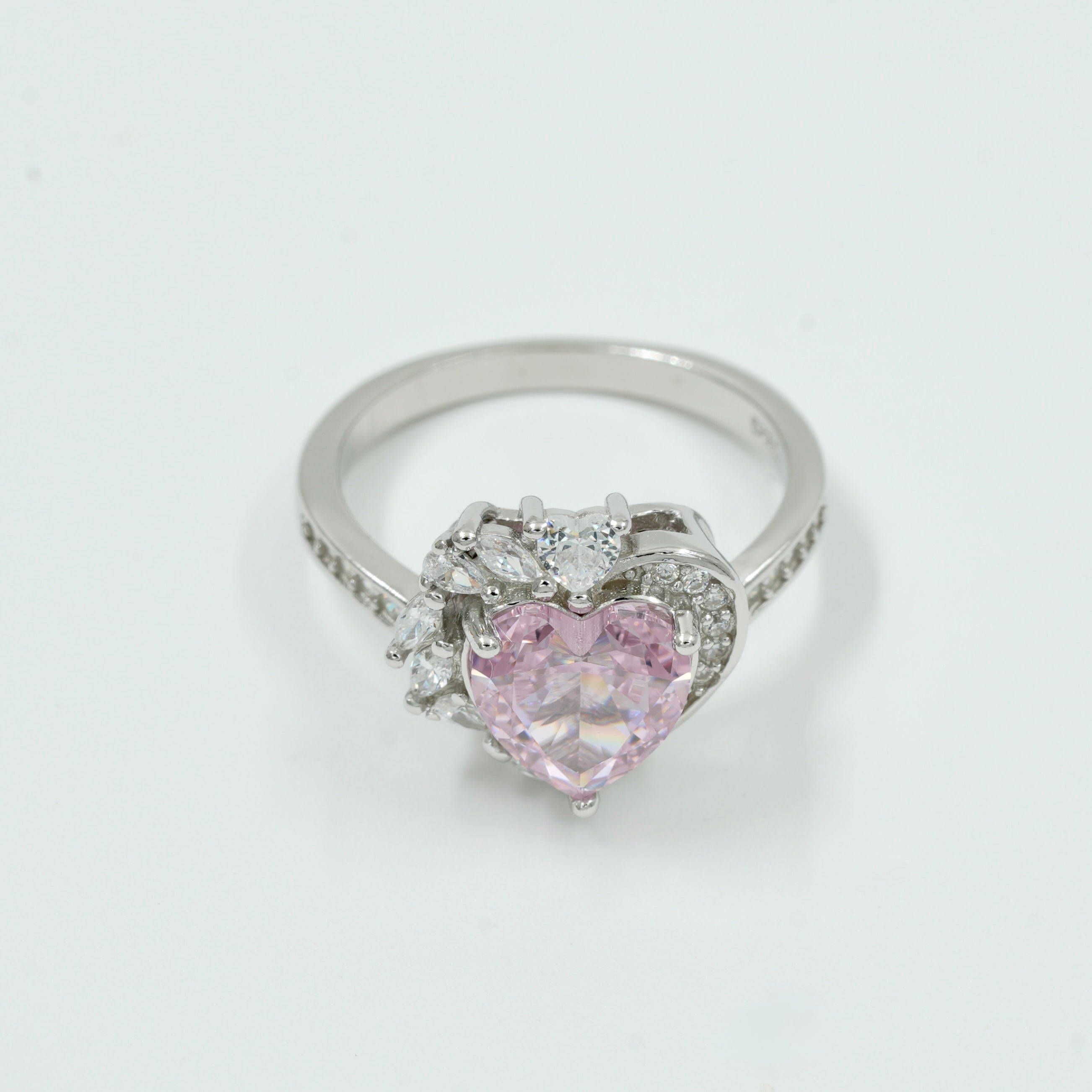 925 Silver Pink Heart Solitaire Ring with CZ Diamond Accents – Romantic Valentine Jewellery
