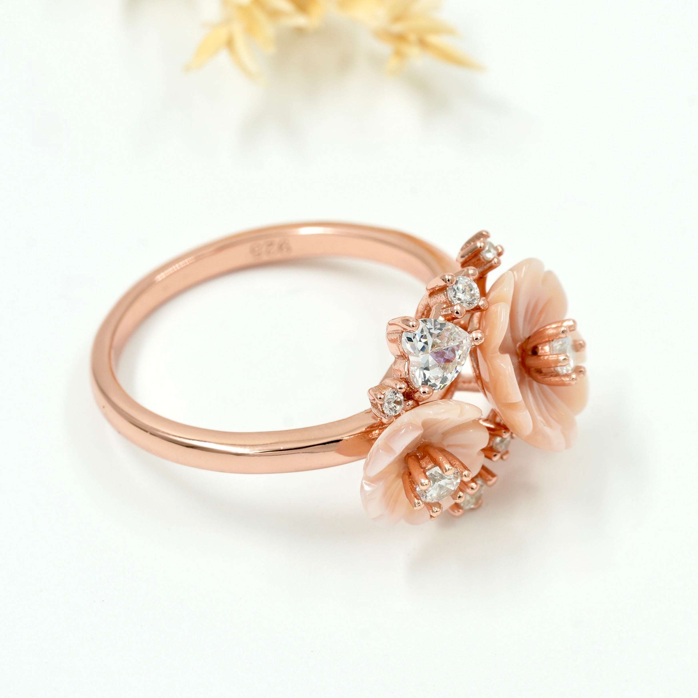 925 Silver Rose Gold Floral Pearl & Stone Designer Ring – Unique Nature Inspired Statement