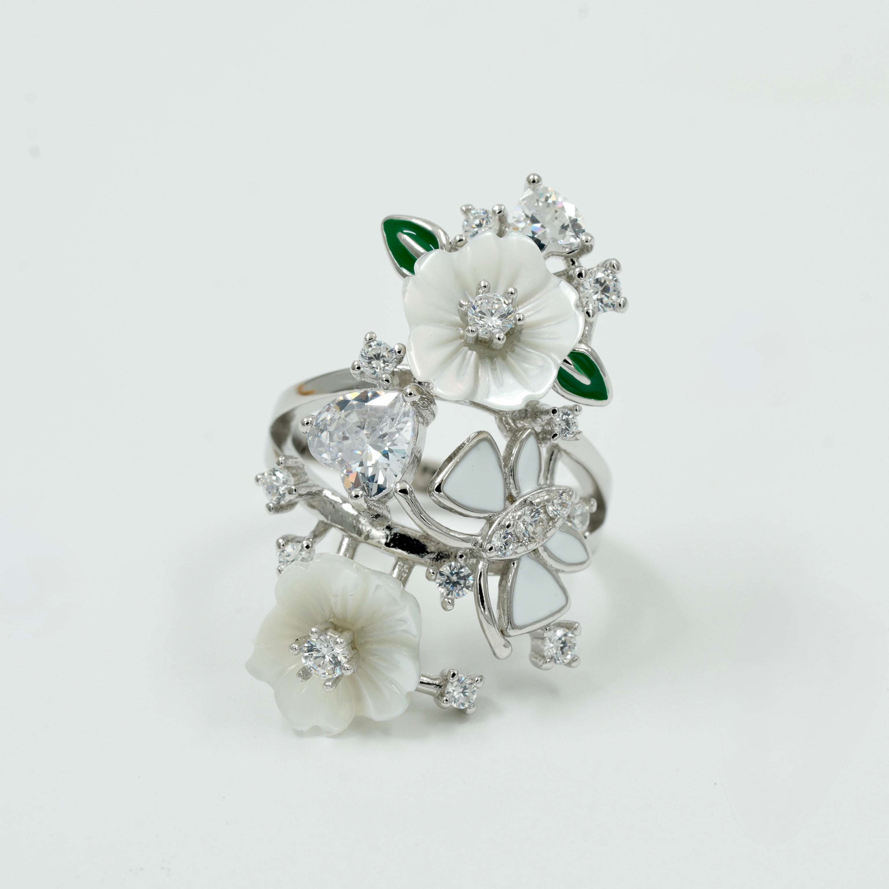 925 Silver Floral & Leaf Designer Ring with White Stone & Enamel Detailing