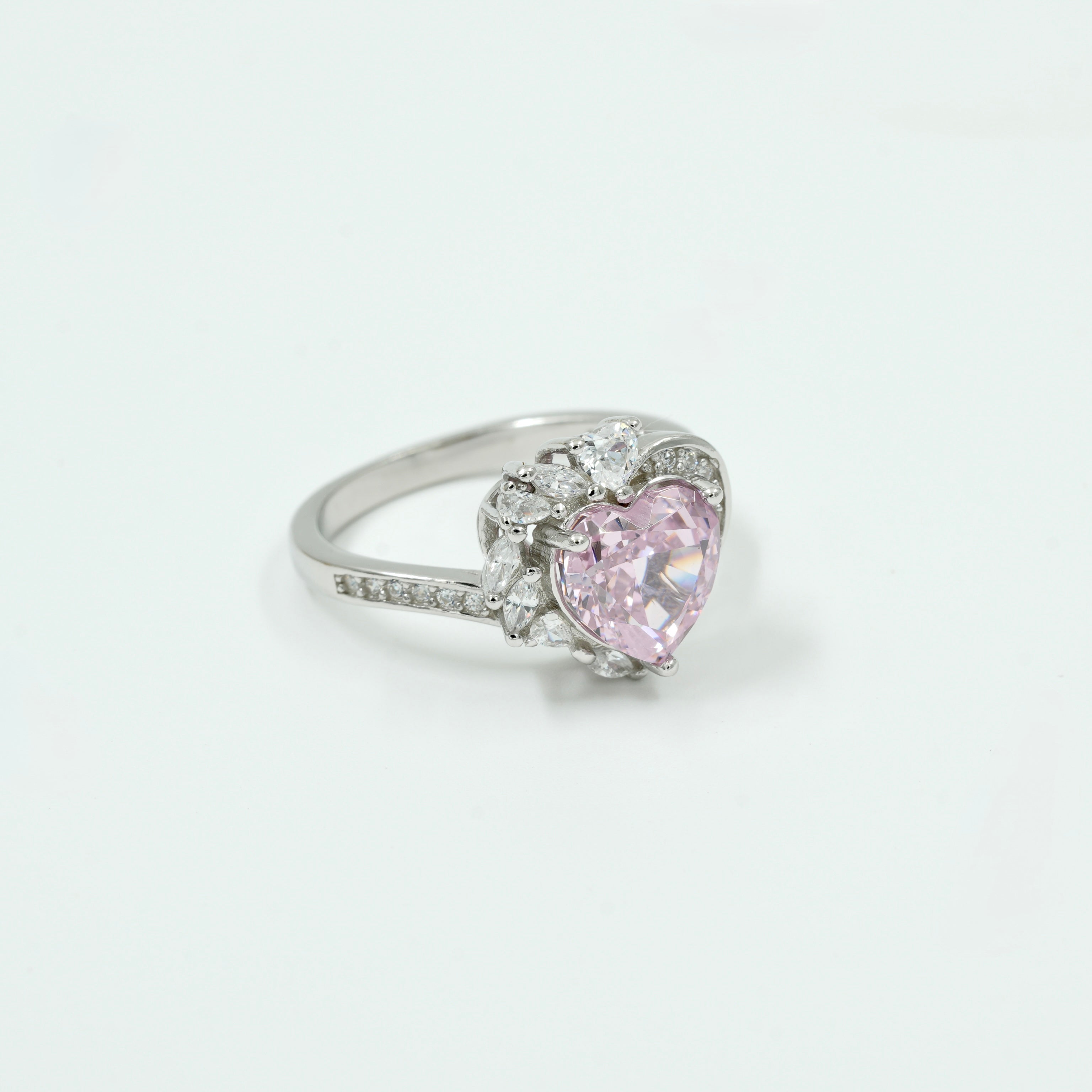 925 Silver Pink Heart Solitaire Ring with CZ Diamond Accents – Romantic Valentine Jewellery
