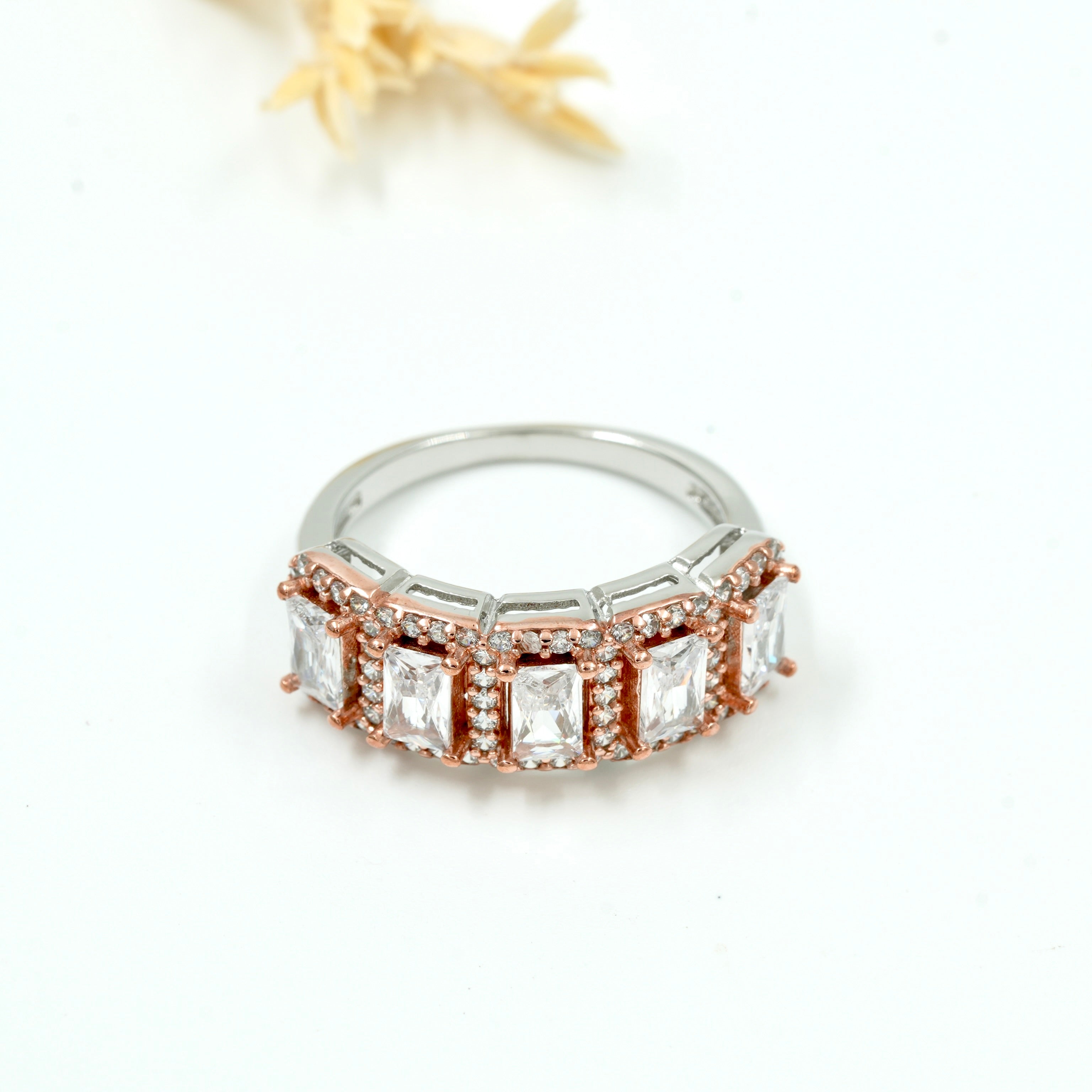 925 Silver Emerald Cut White Stone Rose-Gold Plated Band Ring