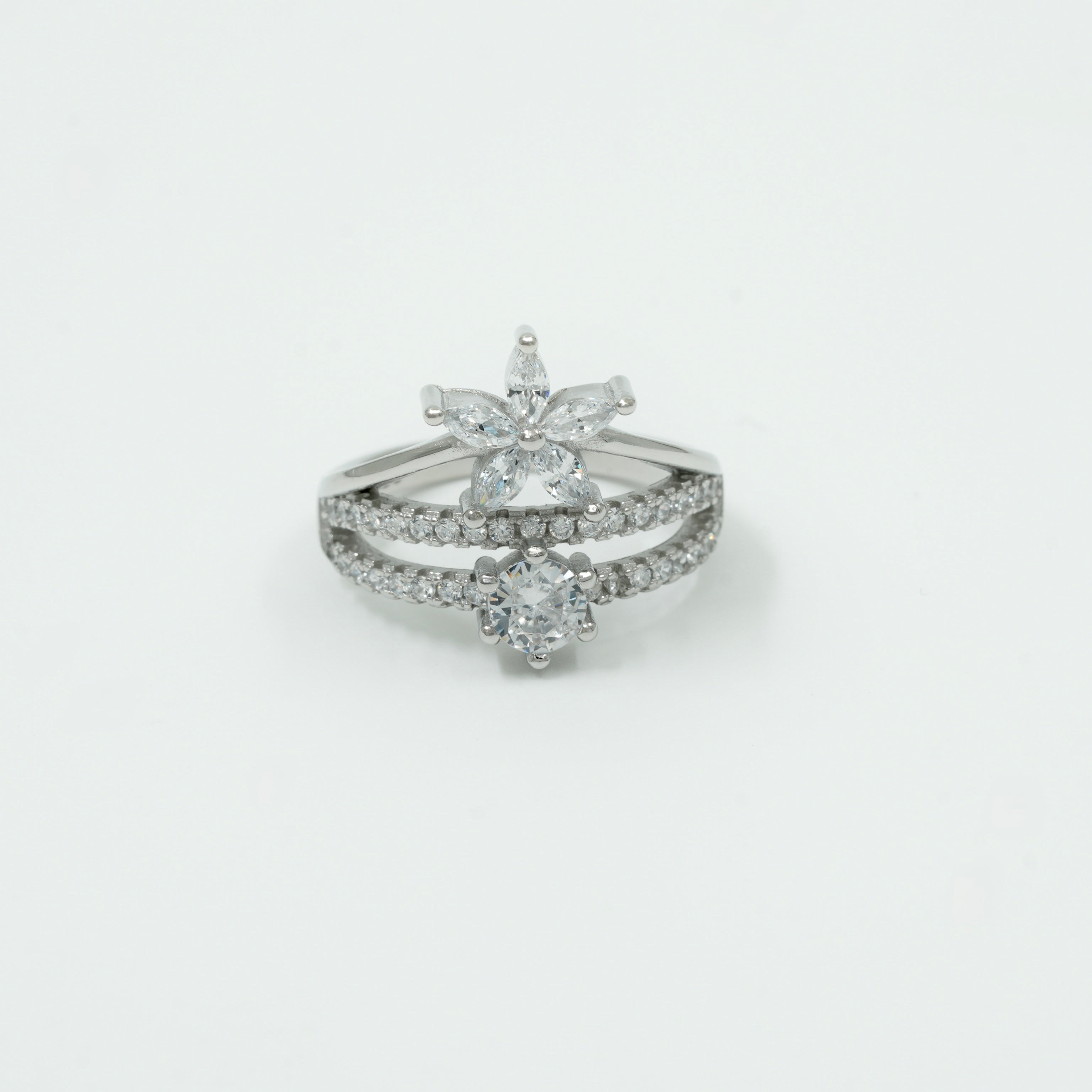 925 Silver Floral Double Layer CZ Diamond Ring
