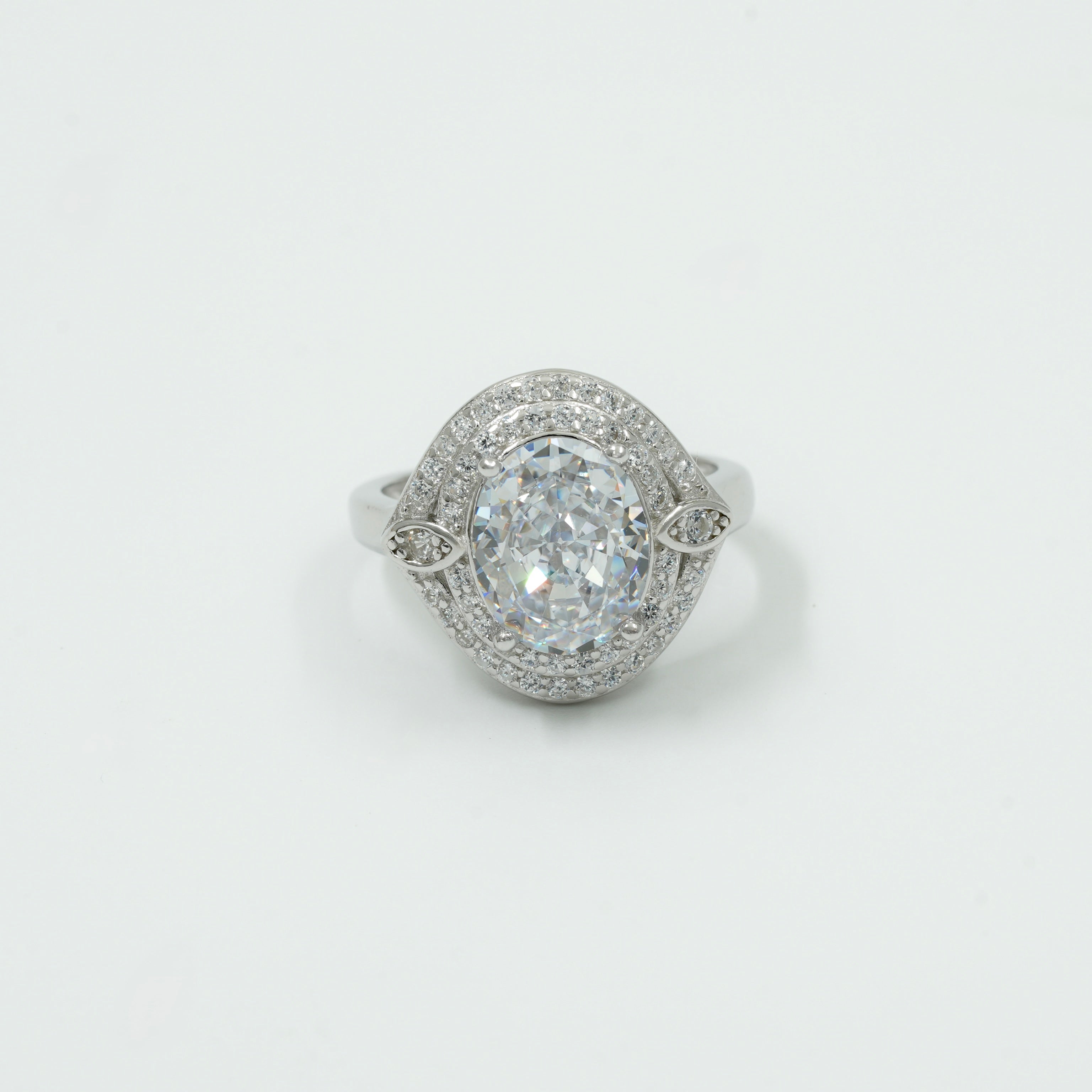 925 Silver Oval Halo Statement Ring with CZ Stones